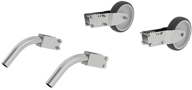 Zwei Rollen und zwei gebogene Metallhalterungen auf weißem Hintergrund, möglicherweise zur Befestigung oder zum Einsatz bei einem Gerät.