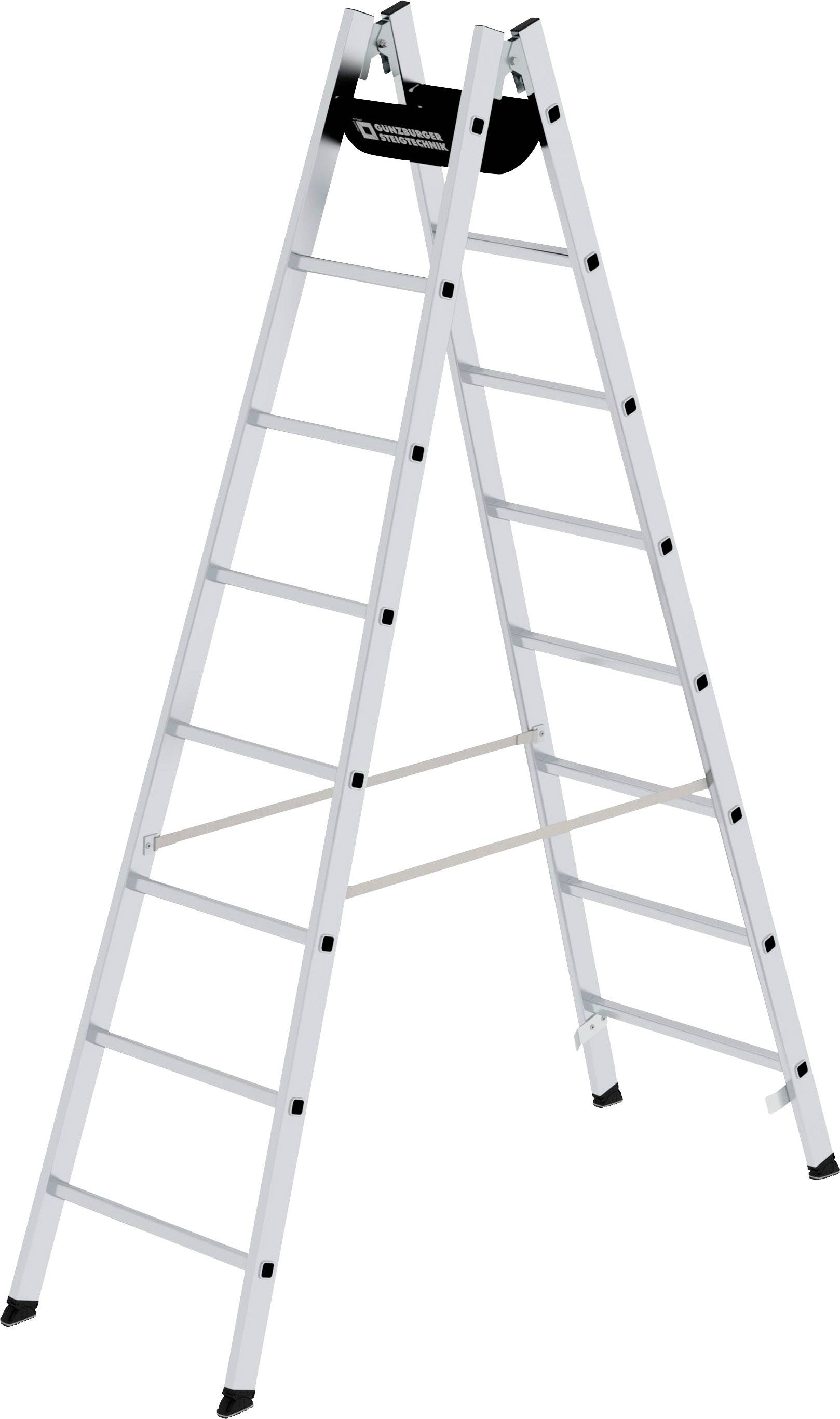 Eine ausgeklappte Aluminium-Doppelleiter mit zwölf Stufen auf jeder Seite und rutschfesten Füßen steht aufrecht.