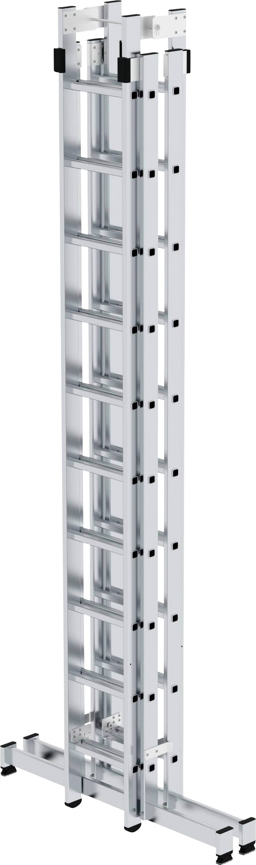 Eine lange, freistehende Aluminiumleiter mit mehreren Sprossen, in aufrechter Position, geeignet für vielseitige Einsatzzwecke.