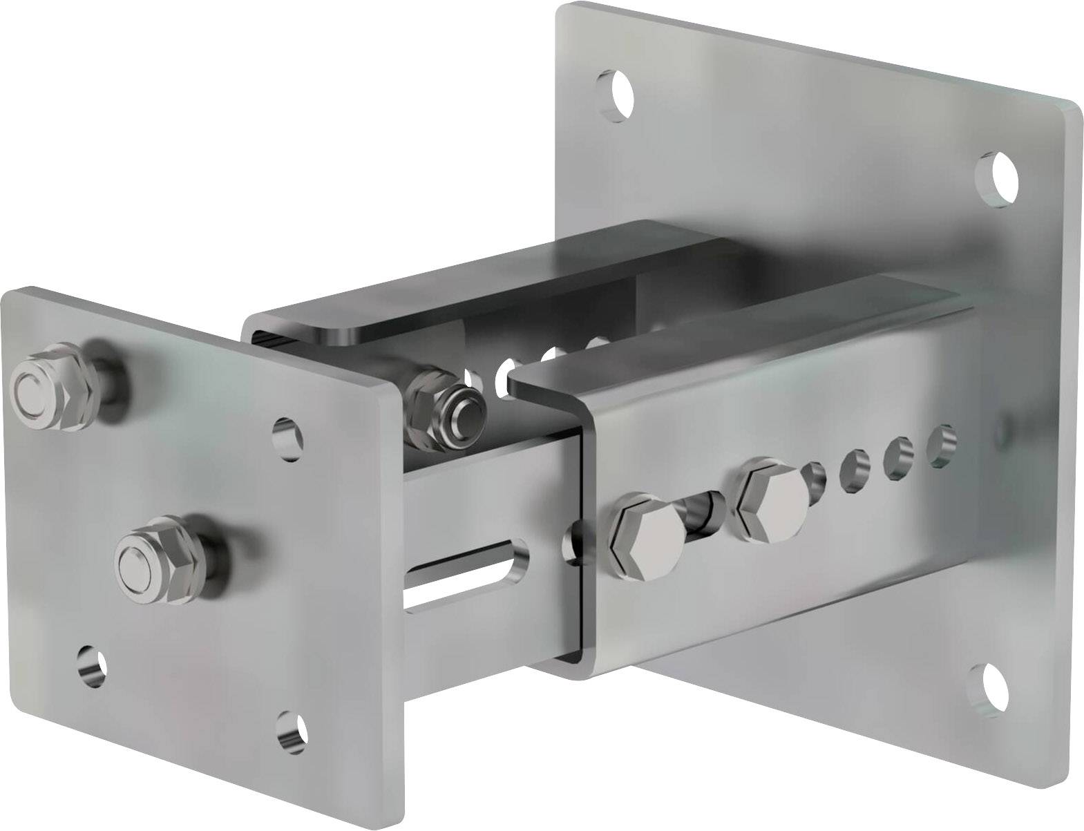 Metallische Universalhalterung mit verstellbaren Schrauben und Bolzen, geeignet für industrielle Anwendungen und Maschinenmontage.