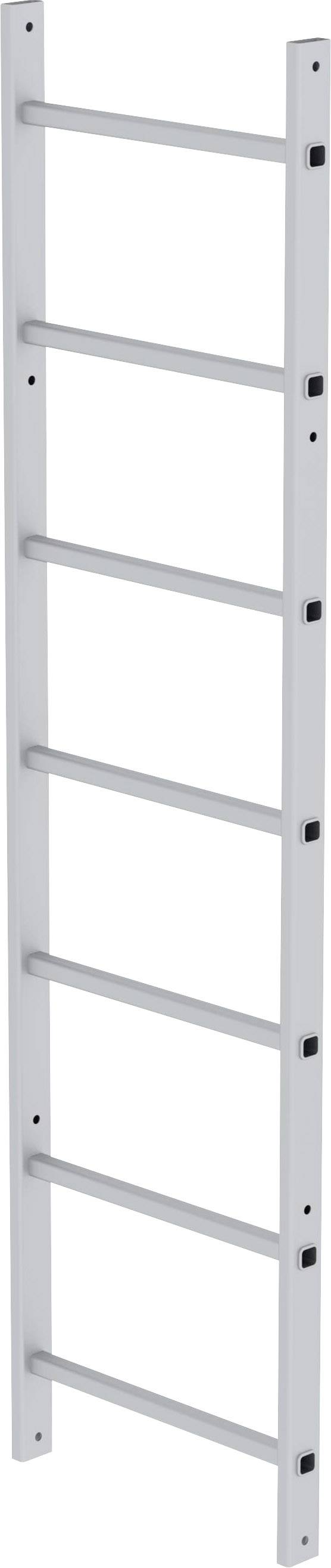 Weiße, metallene Leiter mit sieben Sprossen, vertikal aufgestellt.