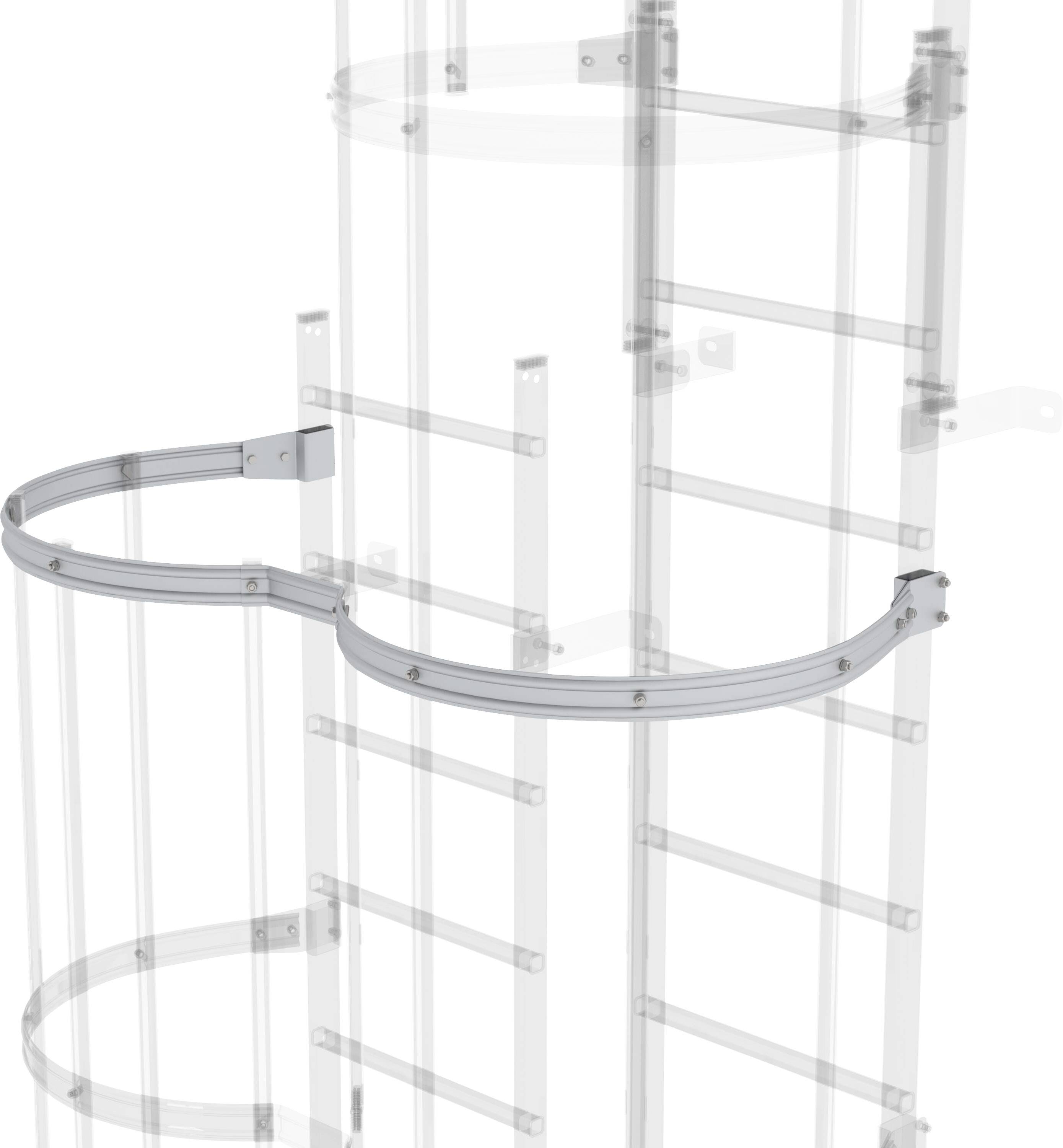 Leiterschutzkorb aus Metall mit halbrunden Sicherheitsbügeln, die vertikalen Aufstieg unterstützen und Sicherheit bieten.