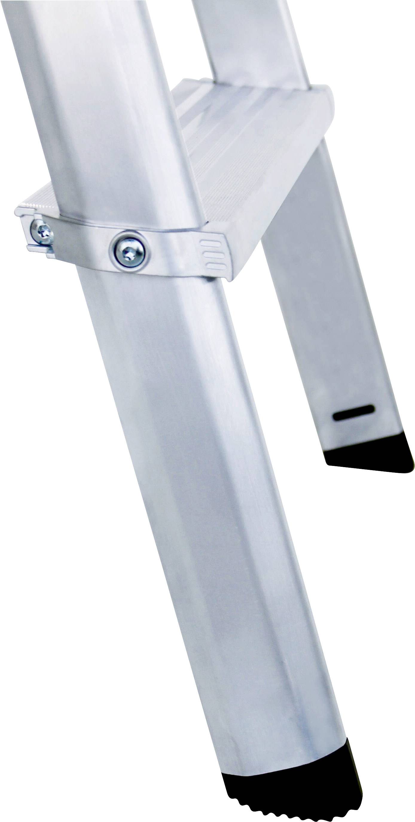 Eine Nahaufnahme einer Aluminiumleiter mit rutschfesten Gummifüßen und Schrauben, die die Streben sichern.