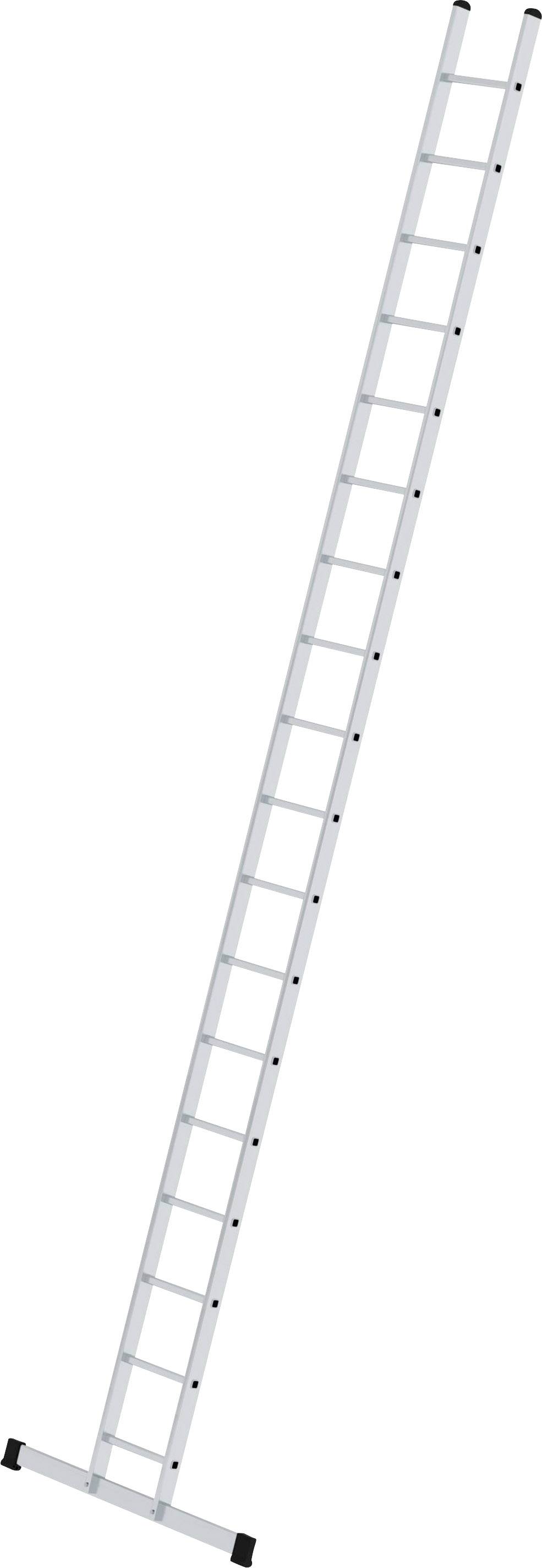 Eine lange Verlängerungsleiter aus Metall mit mehreren Sprossen, die schräg aufgestellt ist, geeignet für Arbeiten in der Höhe.