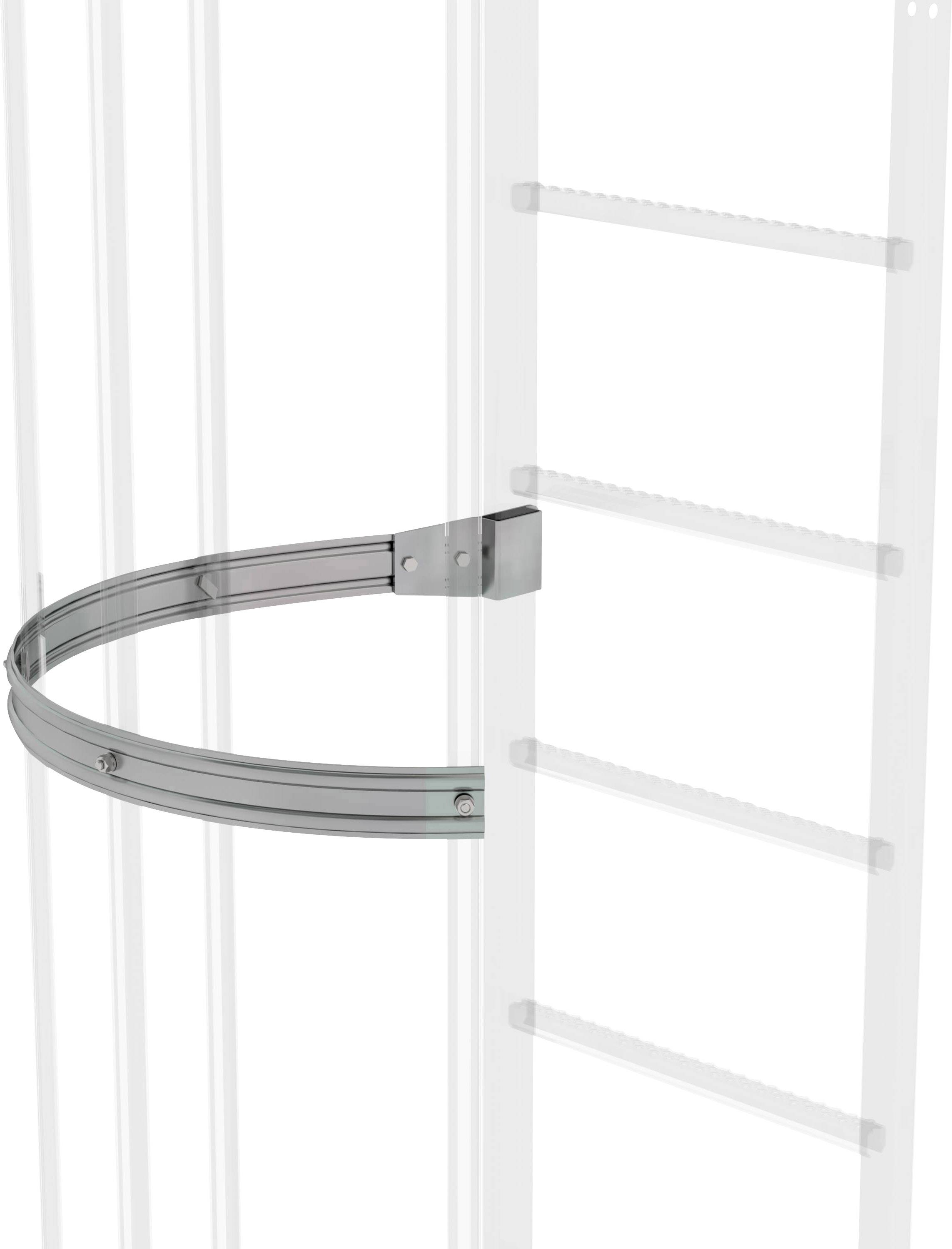 Metallischer Rückenschutz für Leiterstrukturen. Ermöglicht sicheres Klettern, indem er vor dem Umfallen nach hinten schützt.