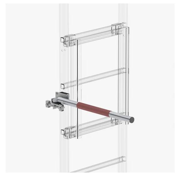 Transparente Schrankturhardware mit horizontalem Griff und Verschlussmechanismus, montiert auf einem durchsichtigen Rahmenpaneel.