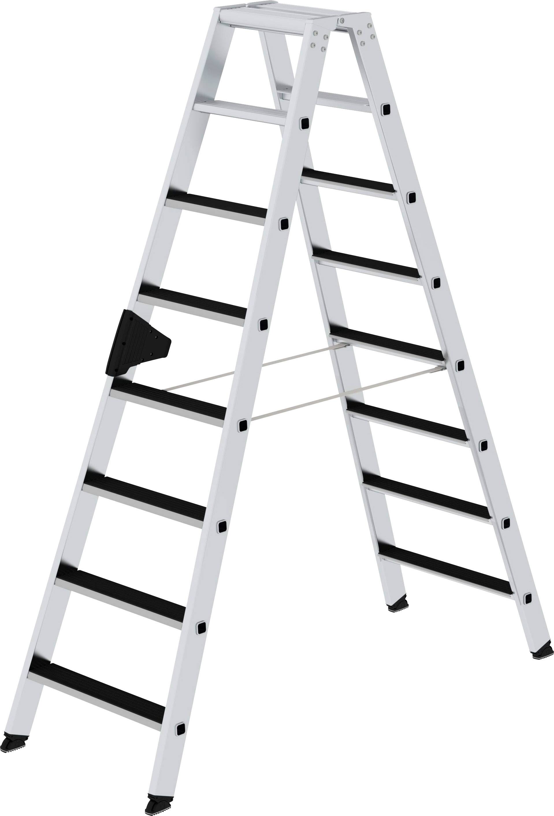 Eine weiße Aluminiumleiter mit drei Stufen auf jeder Seite, schwarzem Griff und rutschfesten Stufen, steht aufrecht geöffnet.