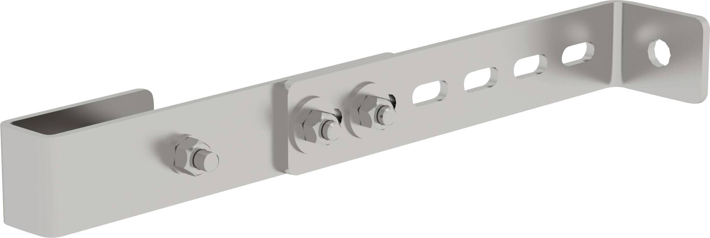 Metallhalterung mit mehreren Schraubenlöchern und zwei befestigten Schrauben, geeignet für industrielle oder bauliche Anwendungen.
