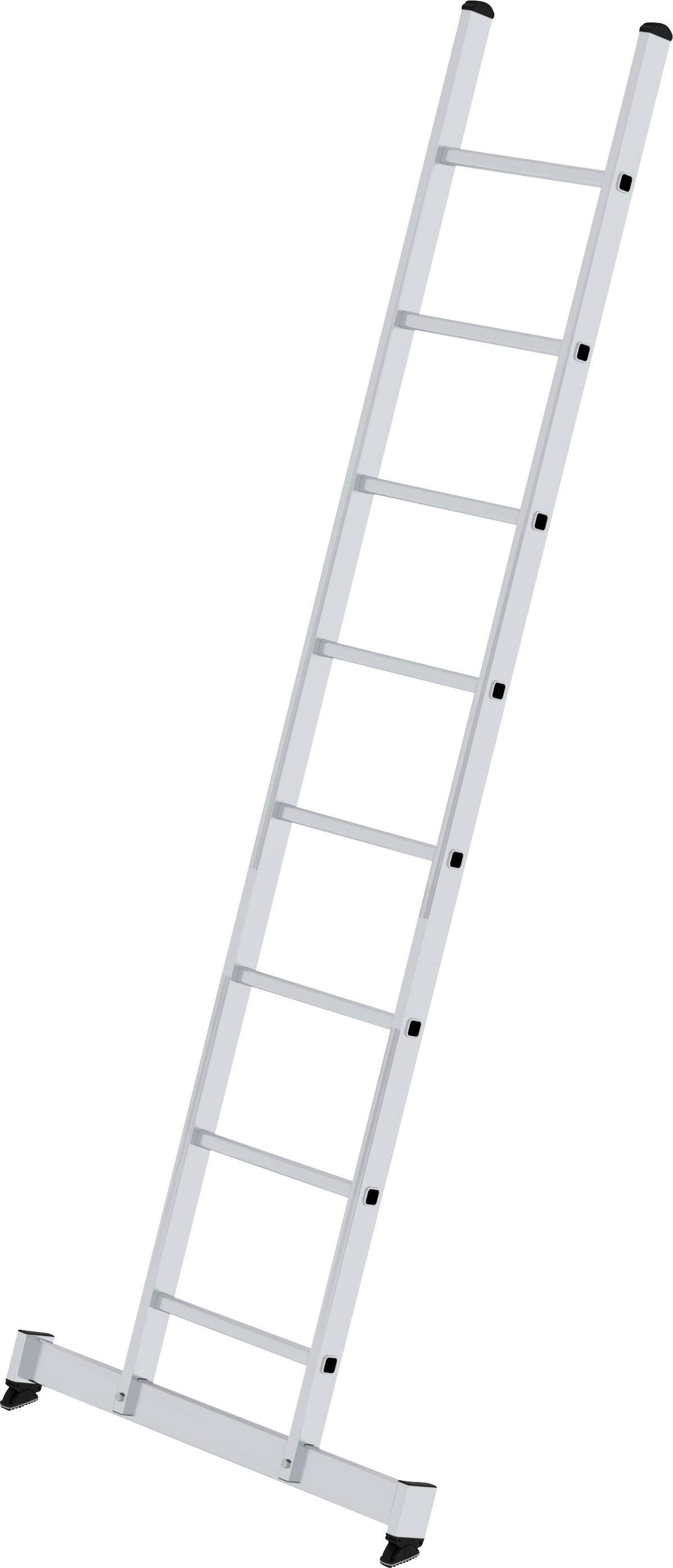 Eine silberne Aluleiter mit neun Sprossen, schräg aufgestellt. Sie hat rutschfeste Füße für Stabilität.