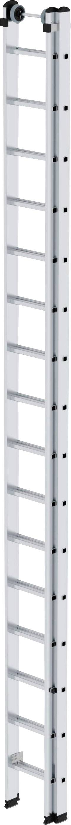 Ein Paar silberner Leiterfüße mit mehreren schwarzen Stufenlöchern, vermutlich Teil eines verstellbaren Regalsystems oder einer Leiter.