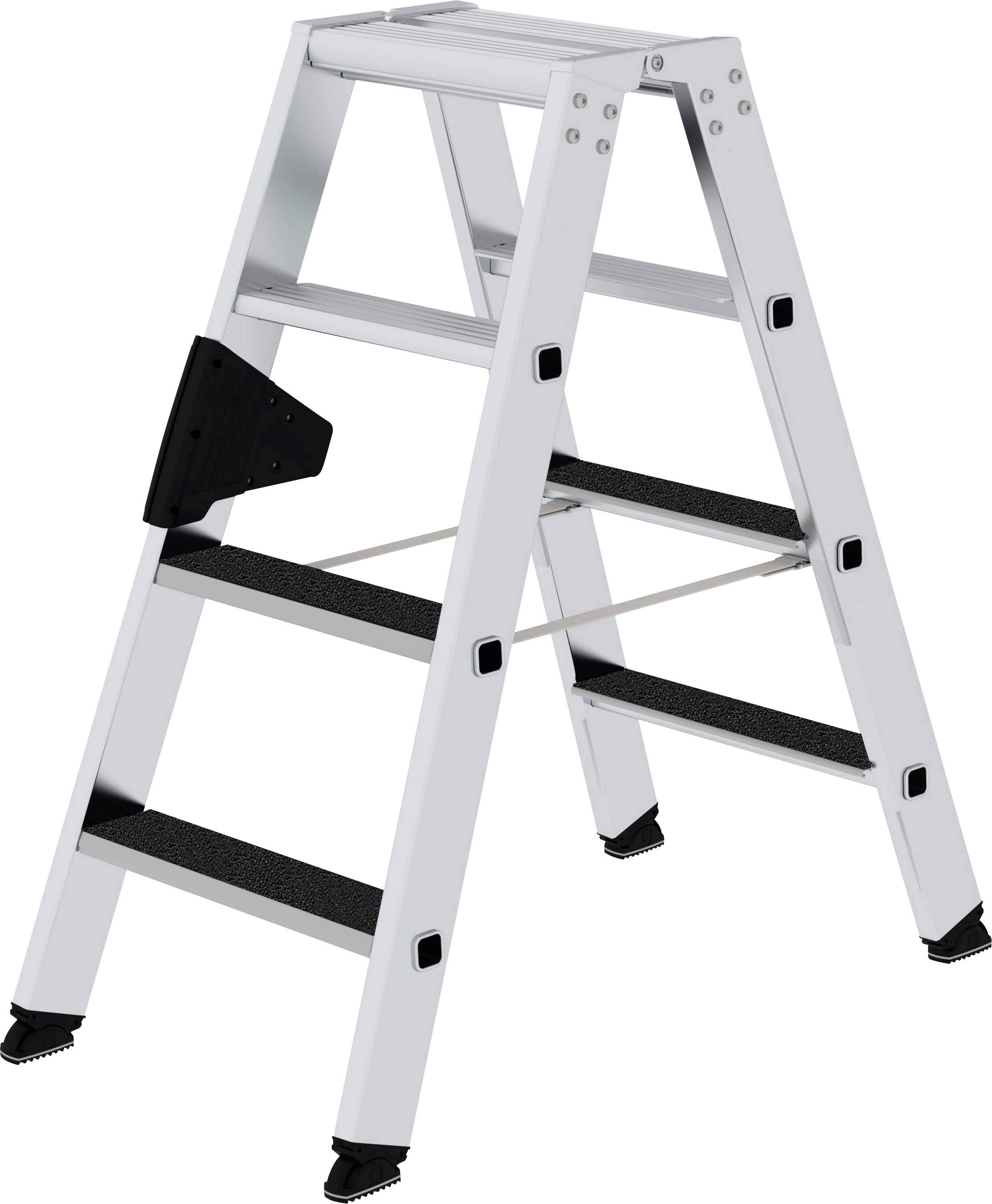 Eine graue Klappleiter mit vier Stufen auf jeder Seite, rutschfeste Füße und schwarze Trittflächen. Geeignet für Heimwerkerarbeiten.