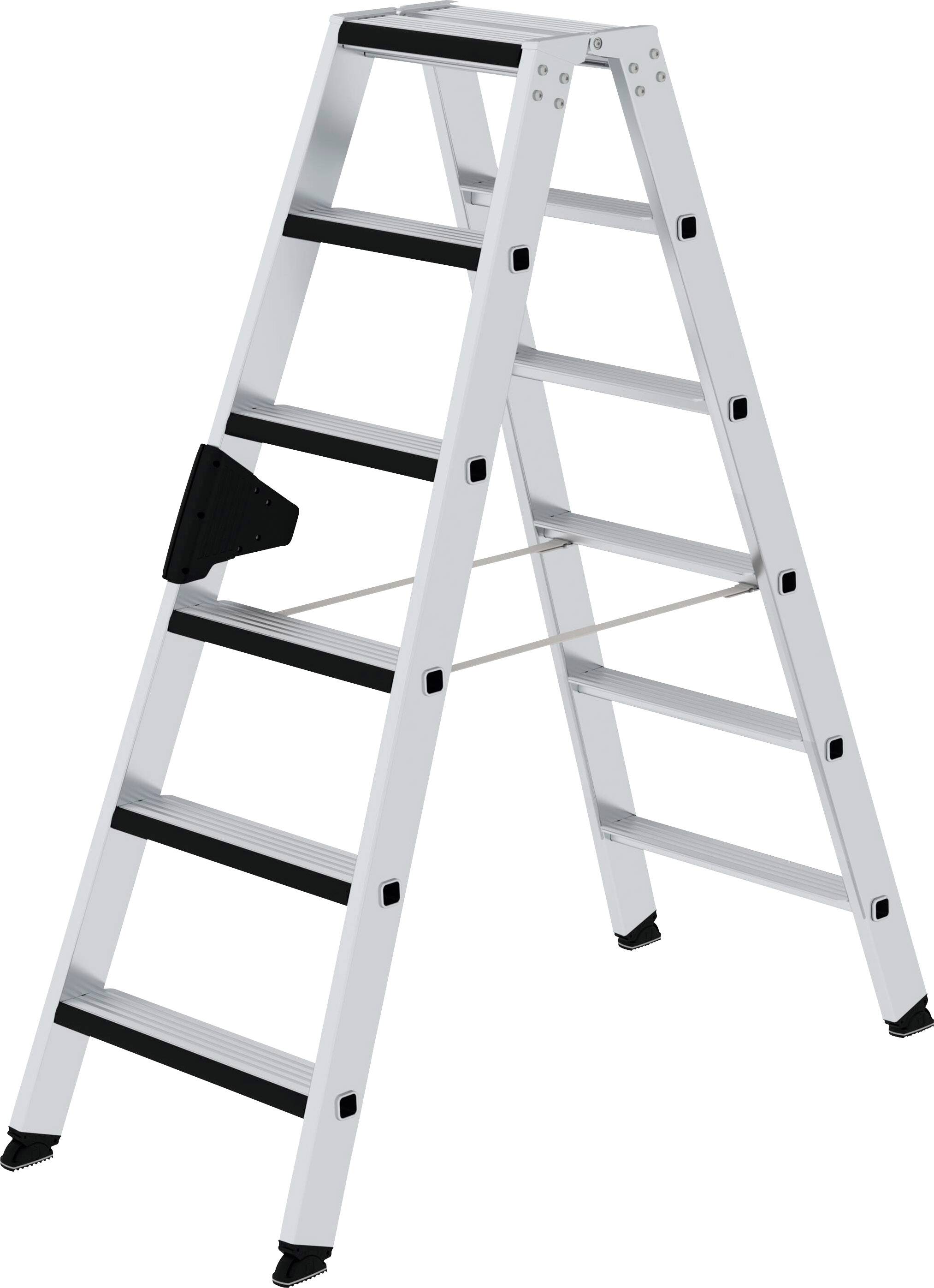 Aluminium-Klappleiter mit sechs Sprossen, schwarz-weiße Farbgestaltung. Robust und vielseitig für den Innen- und Außeneinsatz geeignet.