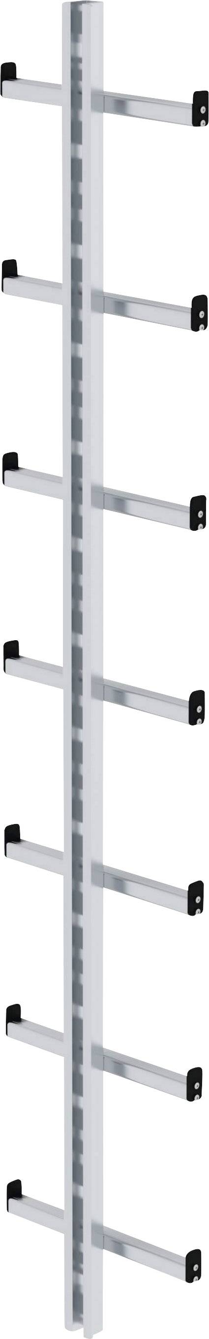 Eine vertikale Aluminiumleiter mit neun horizontalen Sprossen.