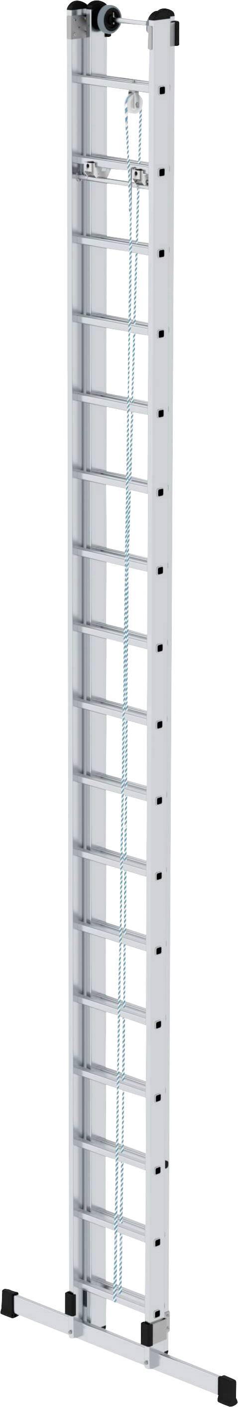 Eine weiße, lange Aluminiumleiter mit zwölf Sprossen und zwei schwarzen Endkappen oben. Sie steht vertikal auf weißem Hintergrund.