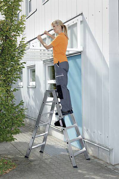 Eine Person steht auf einer Leiter und arbeitet an der Fassade eines Gebäudes.