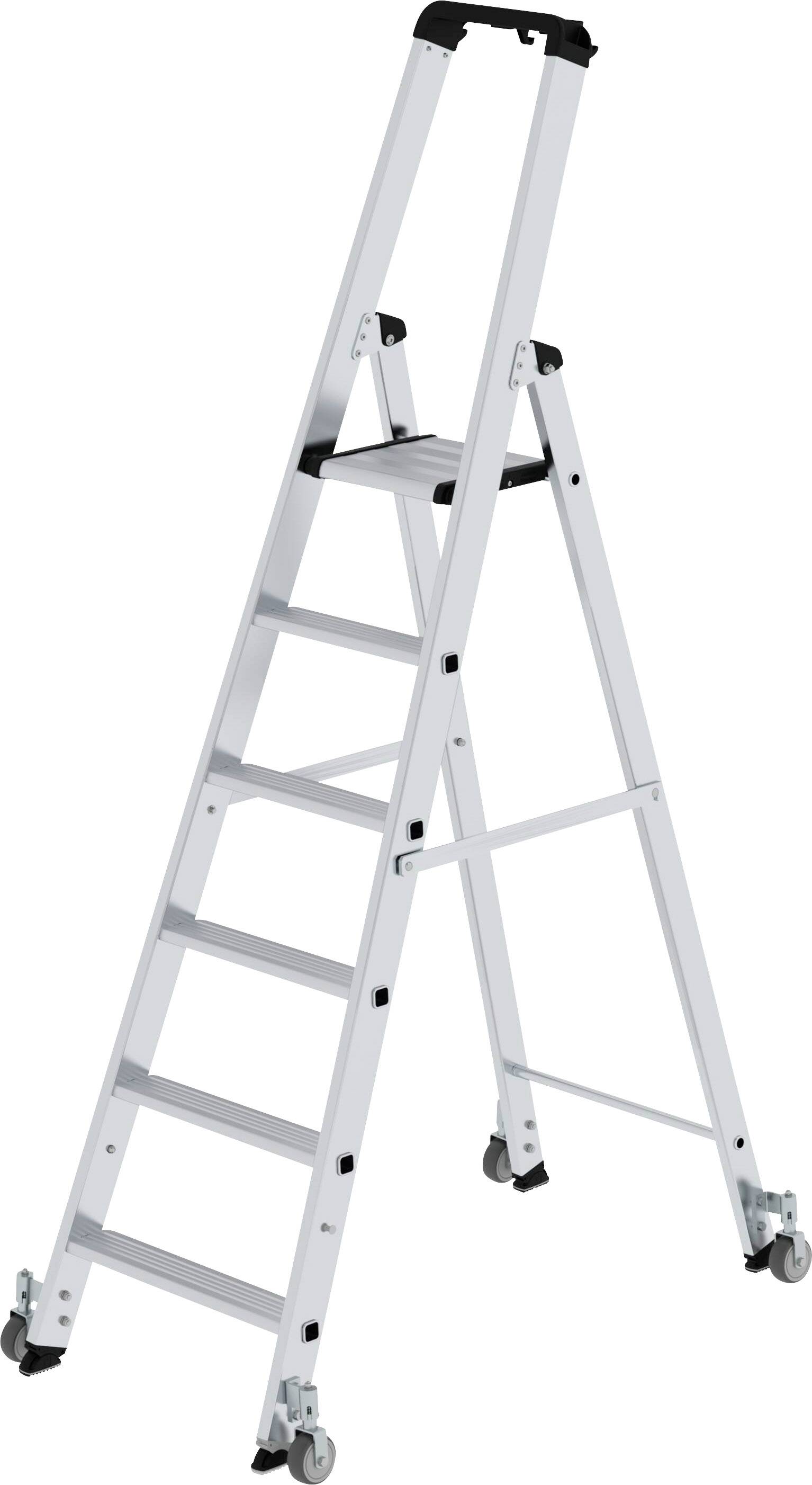 Silberne Trittleiter mit fünf Stufen und schwarzen Handläufen, auf Rollen montiert. Geeignet für den Innengebrauch.