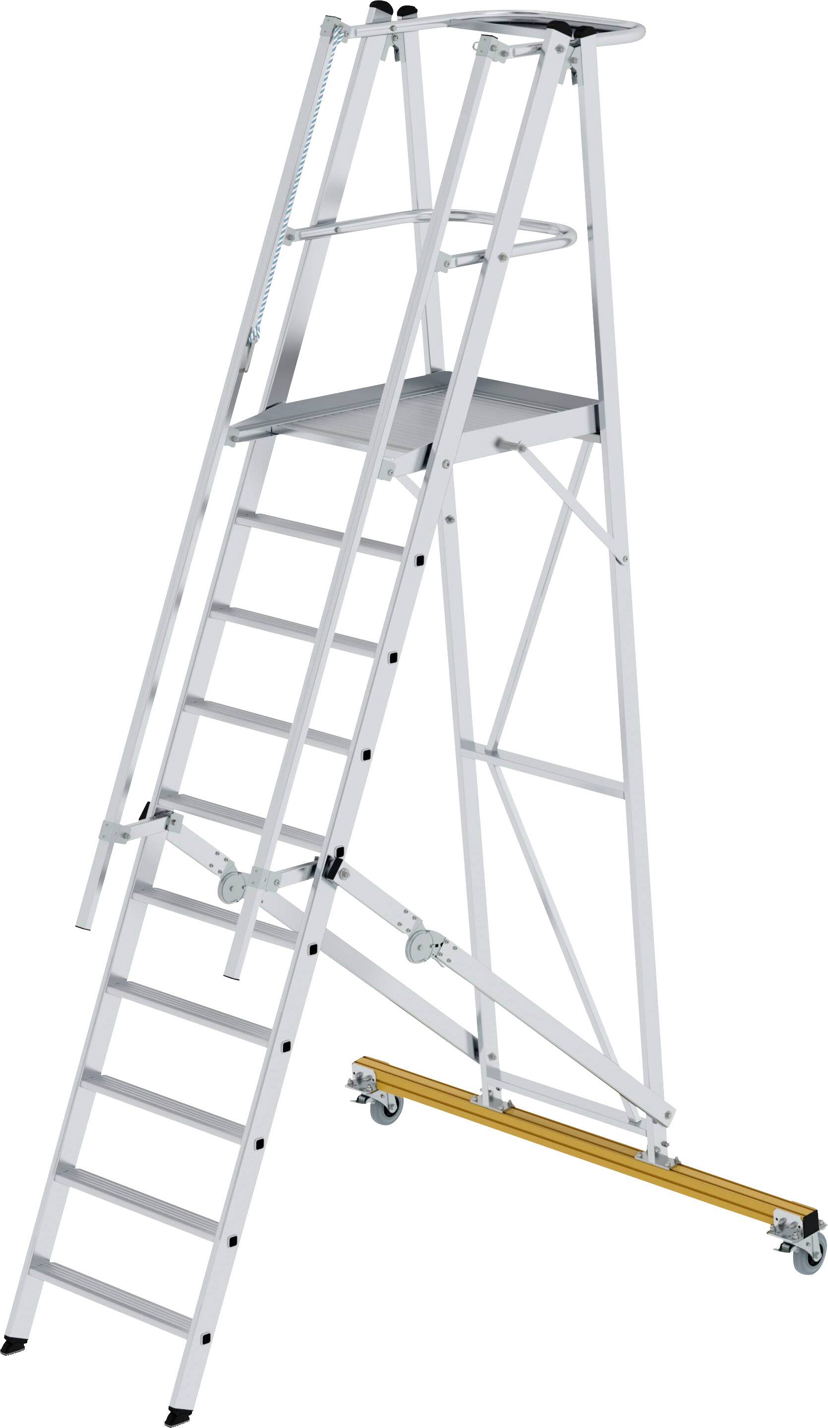 Eine große faltbare Aluminiumleiter mit Sicherheitsbügeln und Rollen, ideal für Arbeiten in der Höhe, wie z.B. Malen oder Reparaturen.