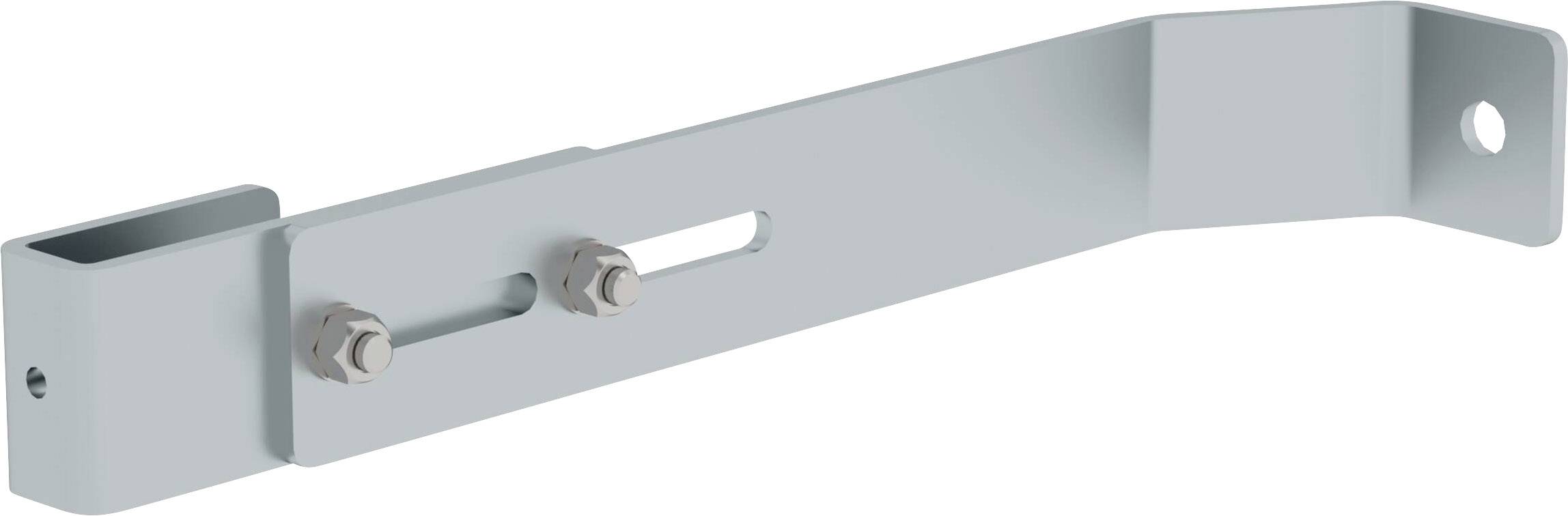 Metallhalterung mit zwei Schrauben zur Befestigung und einem gebogenen Ende, geeignet für strukturelle Unterstützung.