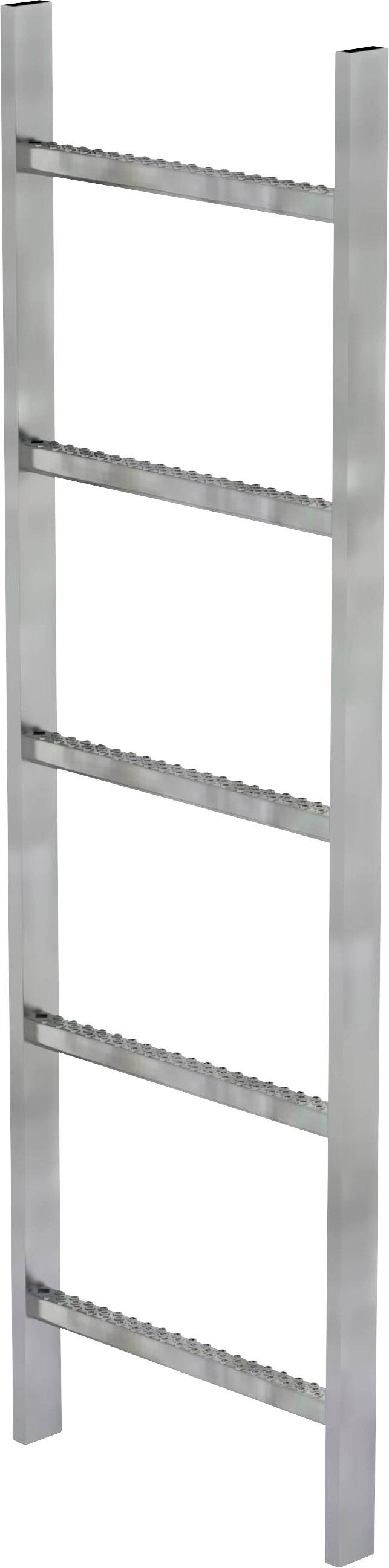 Metallene Trittleiter mit fünf Sprossen. Ideal für den Einsatz in Lagerhallen oder Werkstätten zur Überwindung geringer Höhen.