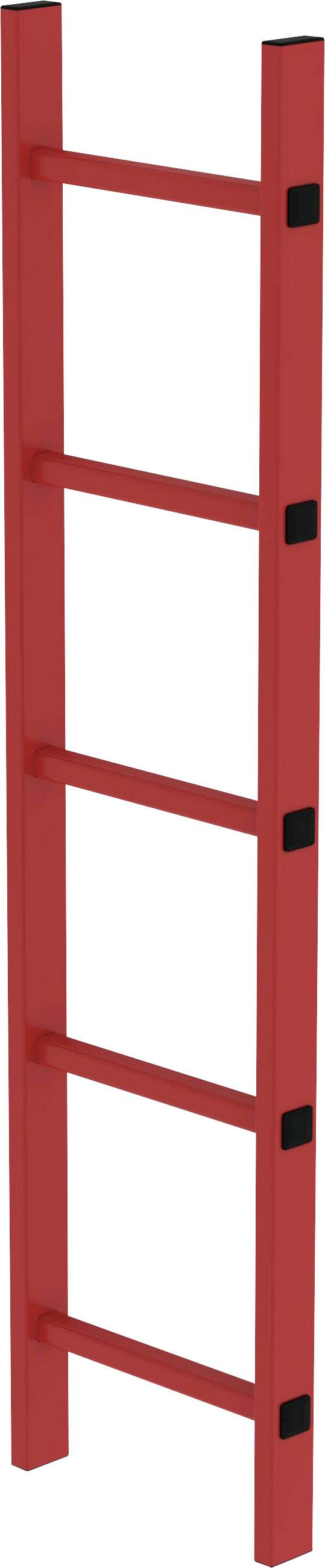 Eine rote Leiter mit fünf Sprossen, vertikal aufgestellt. Die Leiter hat schwarze Endstücke an den Seiten.