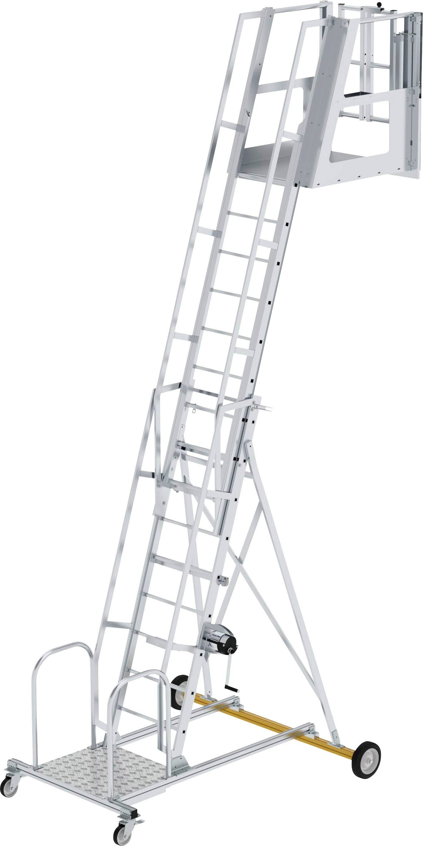 Metallische mobile Treppe mit Plattform, Rollen zur Bewegung und seitlichen Geländern für Sicherheit, vertikal ausgerichtet.