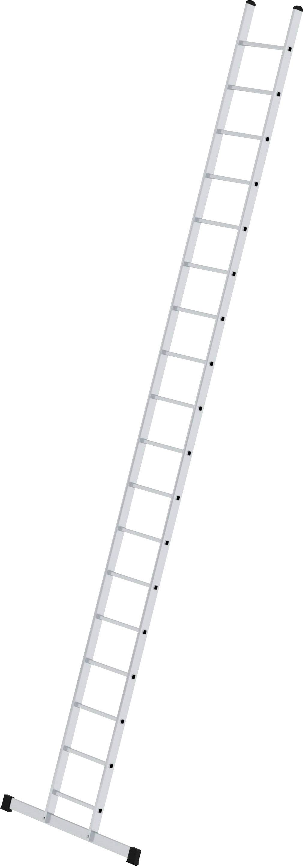 Weiße Aluminiumleiter mit 15 Sprossen, nach rechts geneigt.