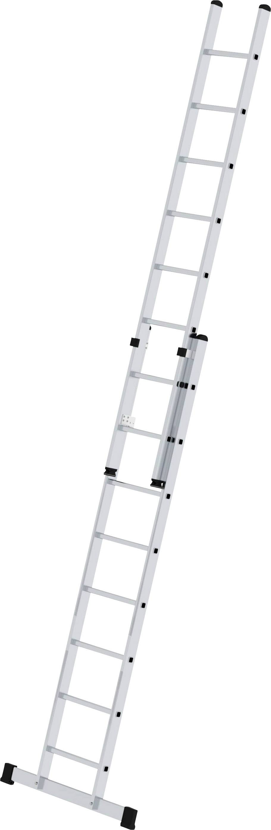 Aluminiumleiter mit mehreren Stufen, ausgezogen, auf weißem Hintergrund.