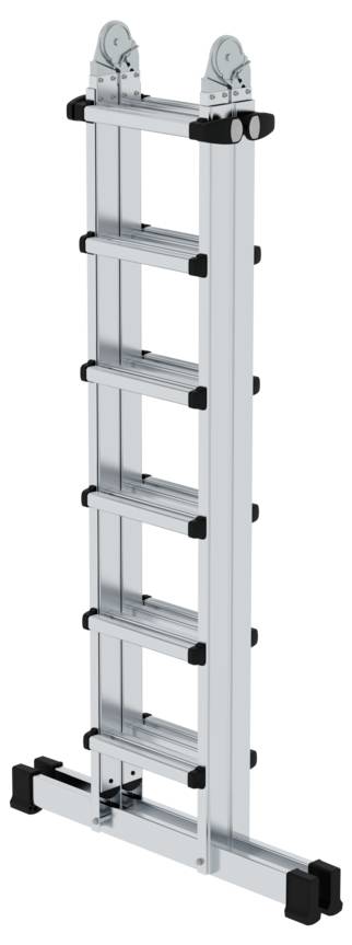 Eine ausziehbare Aluleiter steht in einem A-förmigen Winkel auf dem Boden, geeignet für Arbeiten in der Höhe.