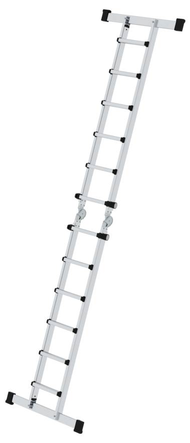 Eine lange, silberne, teleskopische Leiter mit schwarzen rutschfesten Füßen, vollständig ausgefahren, vor weißem Hintergrund.