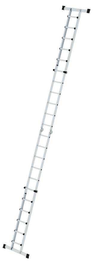 Eine lange, silberne Teleskopleiter, vollständig ausgefahren, steht diagonal gegen einen weißen Hintergrund.