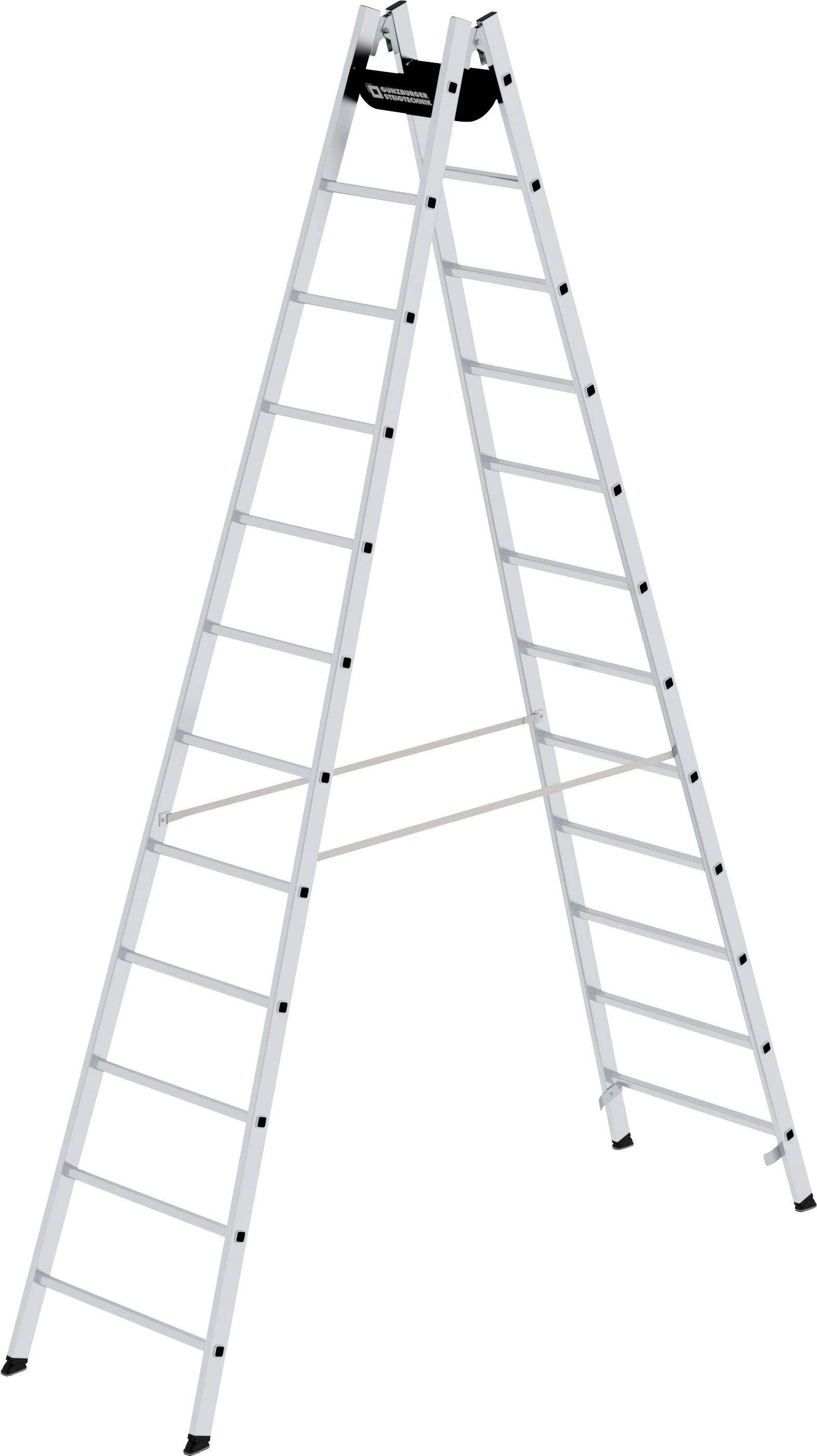 Eine weiße, ausziehbare Leiter steht in A-Form geöffnet. Sie hat breite Sprossen für sicheren Halt. Perfekt für Arbeiten in der Höhe.