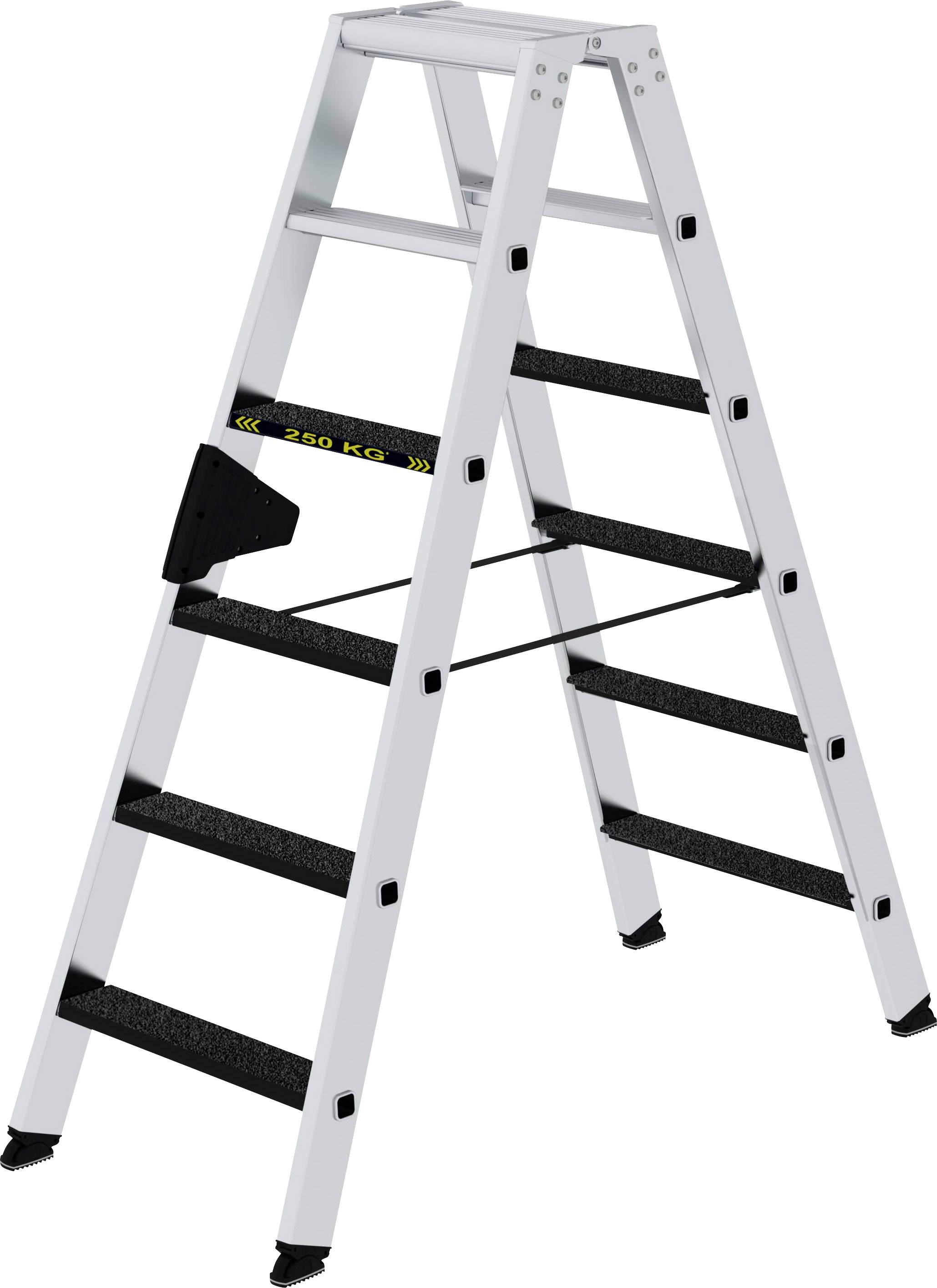 Silberne Aluleiter, klappbar, mit rutschfesten Stufen. Belastungsgrenze von 150 kg angezeigt. Geeignet für Innen- und Außeneinsätze.