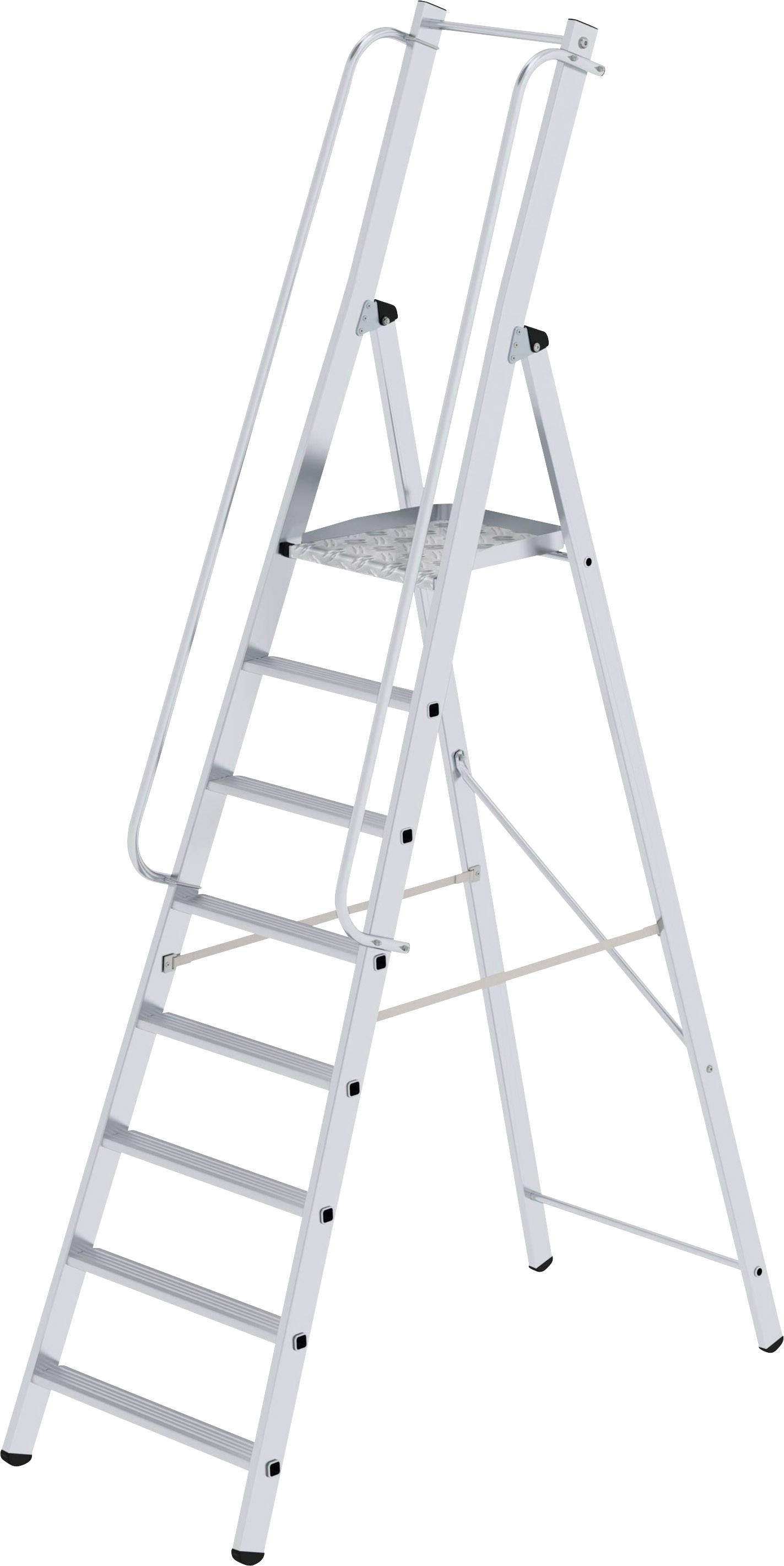 Eine silberne Aluminiumleiter mit acht Stufen und einem kleinen Plattformbereich oben. Sie hat seitliche Handläufe für zusätzliche Stabilität.