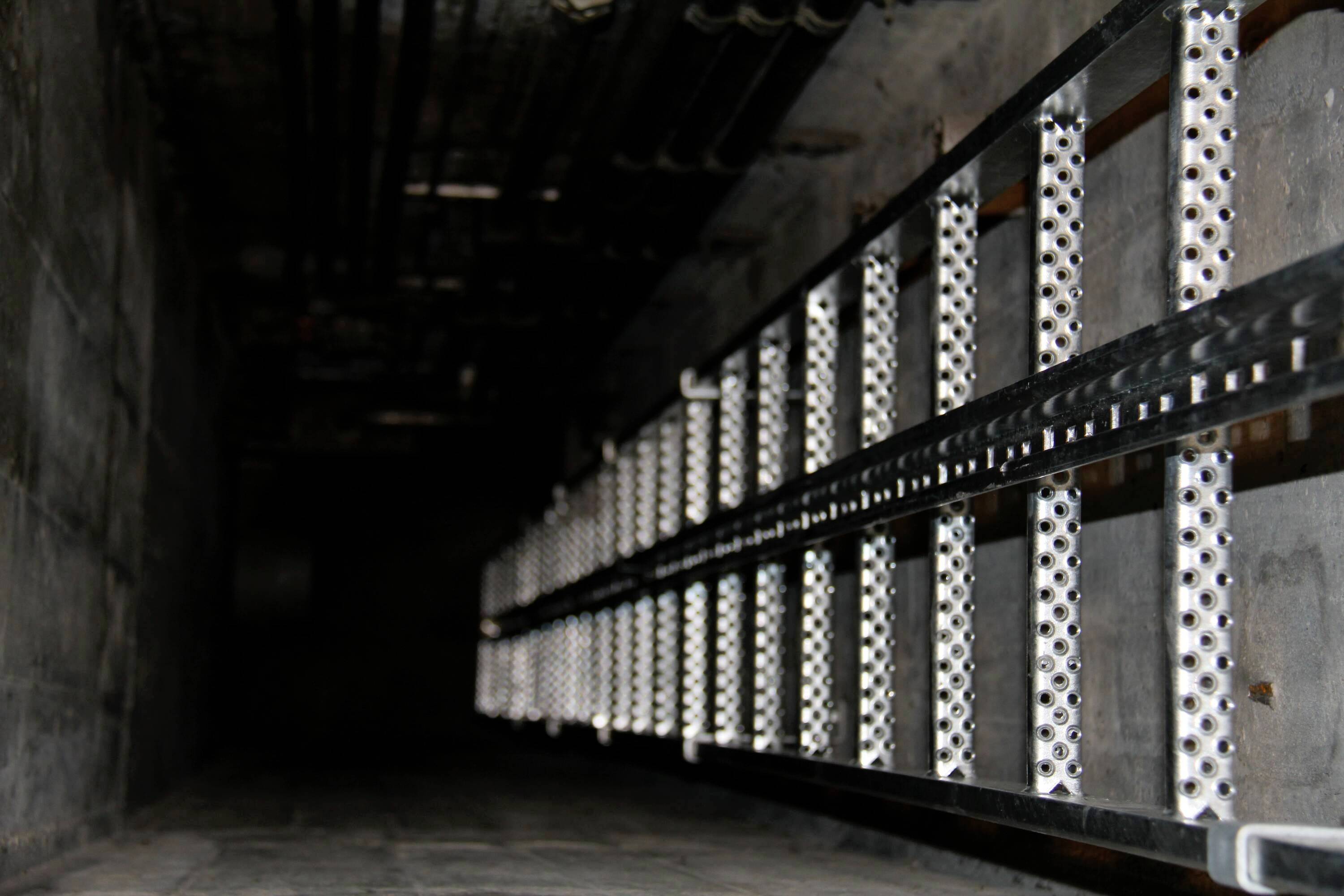 Eine lange Metallleiter führt senkrecht in einen dunklen, schmalen Schacht. Oben ist die Decke und einige Rohre sichtbar.