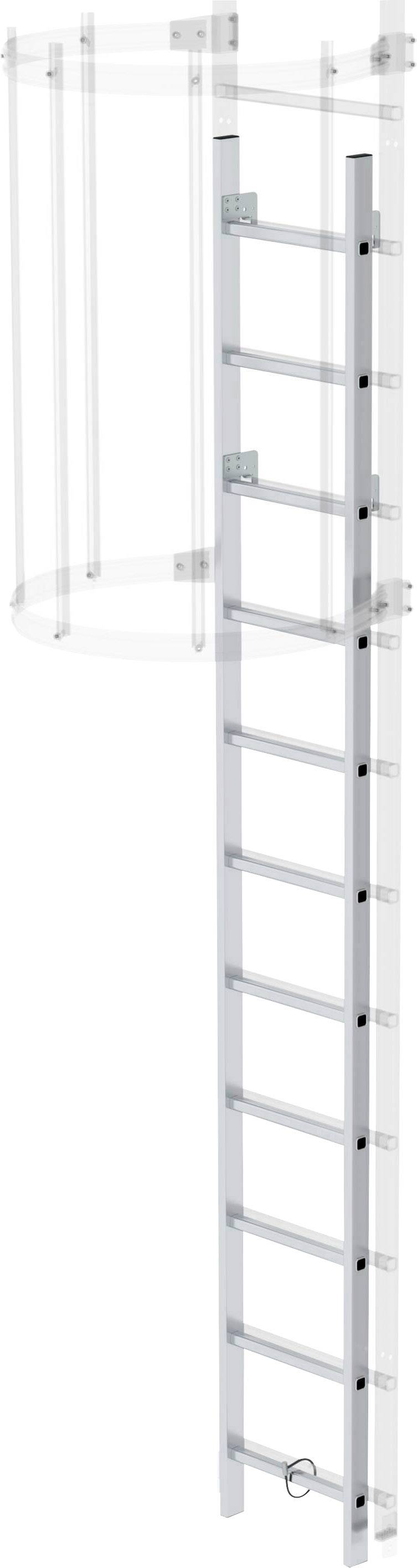 Silberne Aluminium-Leiter mit Sicherheitskäfig und mehreren Sprossen, geeignet für industrielle Anwendungen und Zugang zu hohen Bereichen.