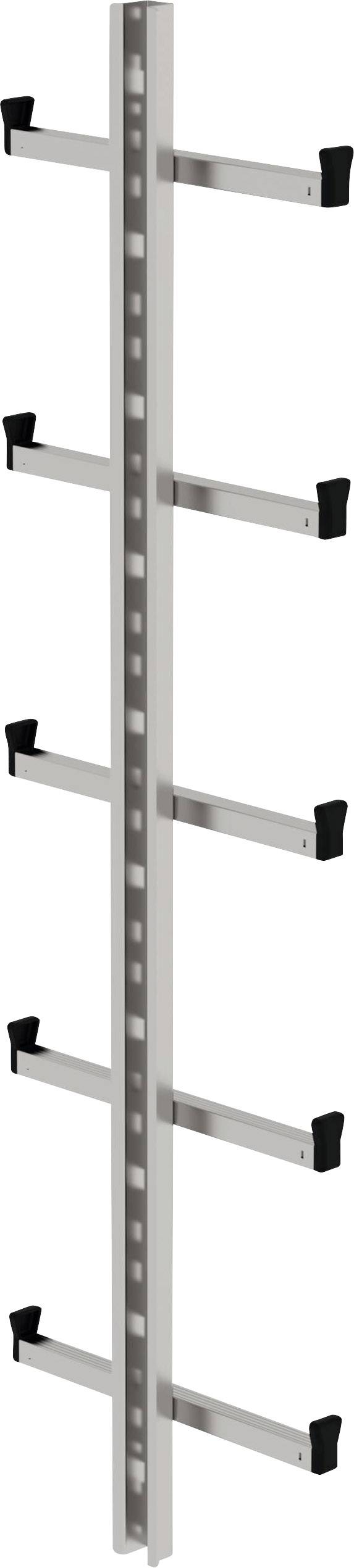 Metallschiene mit abstehenden Haken, geeignet zur Aufbewahrung von Gegenständen. Sechs Ebenen, gleichmäßig verteilt zur Befestigung.