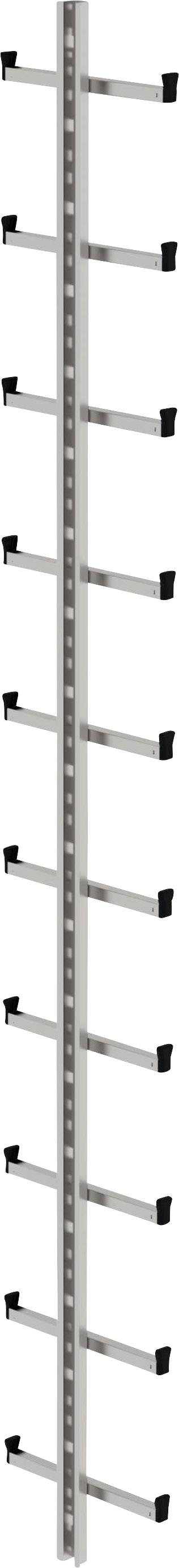 Ein vertikales Metallgestell mit 16 gleichmäßig verteilten Haken auf jeder Seite, die zur Aufbewahrung oder Organisation von Gegenständen dienen können.