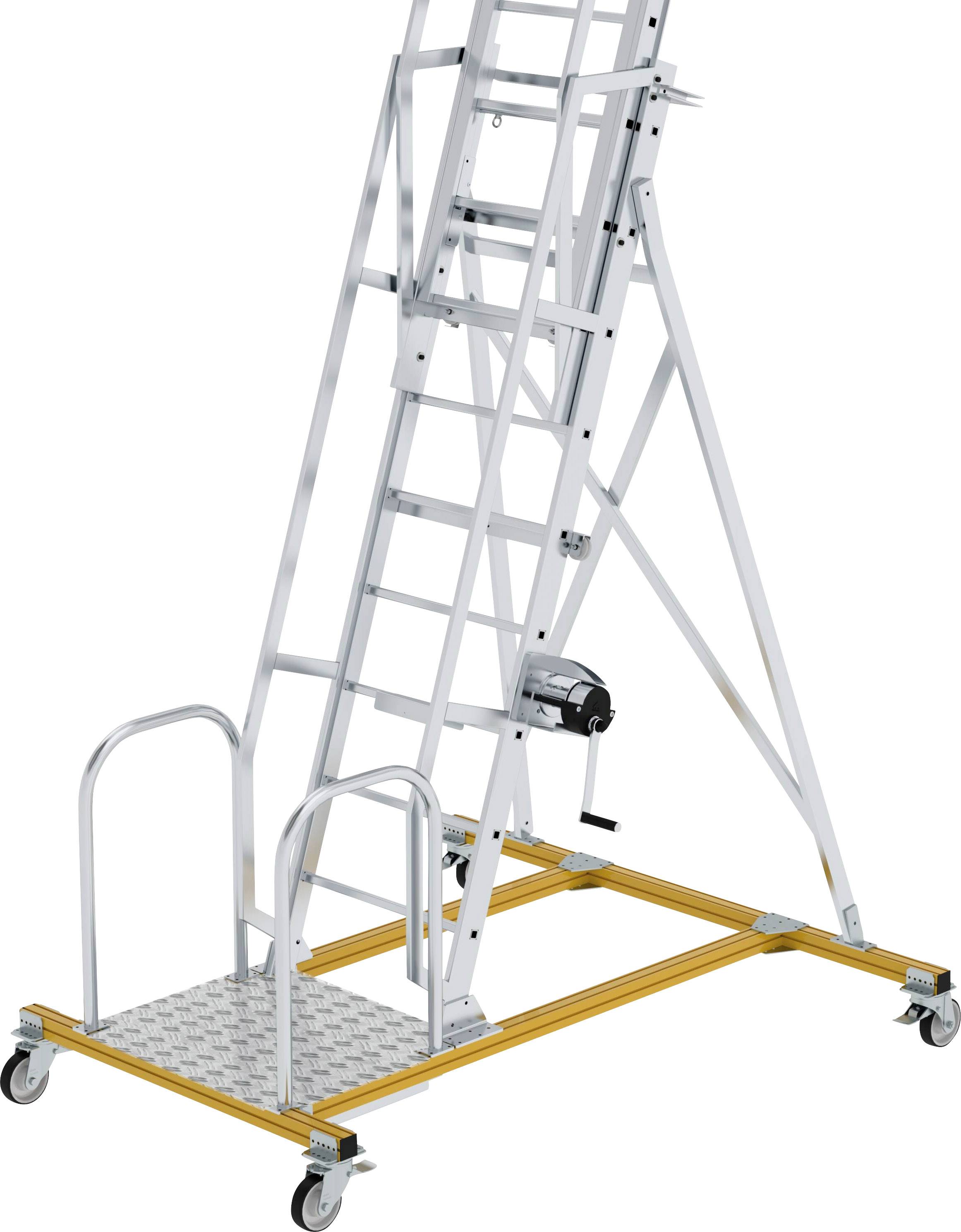 Eine mobile Aluminiumleiter mit Plattform, ausgestattet mit Rollen für einfache Bewegung und einem Handlauf für zusätzliche Sicherheit.
