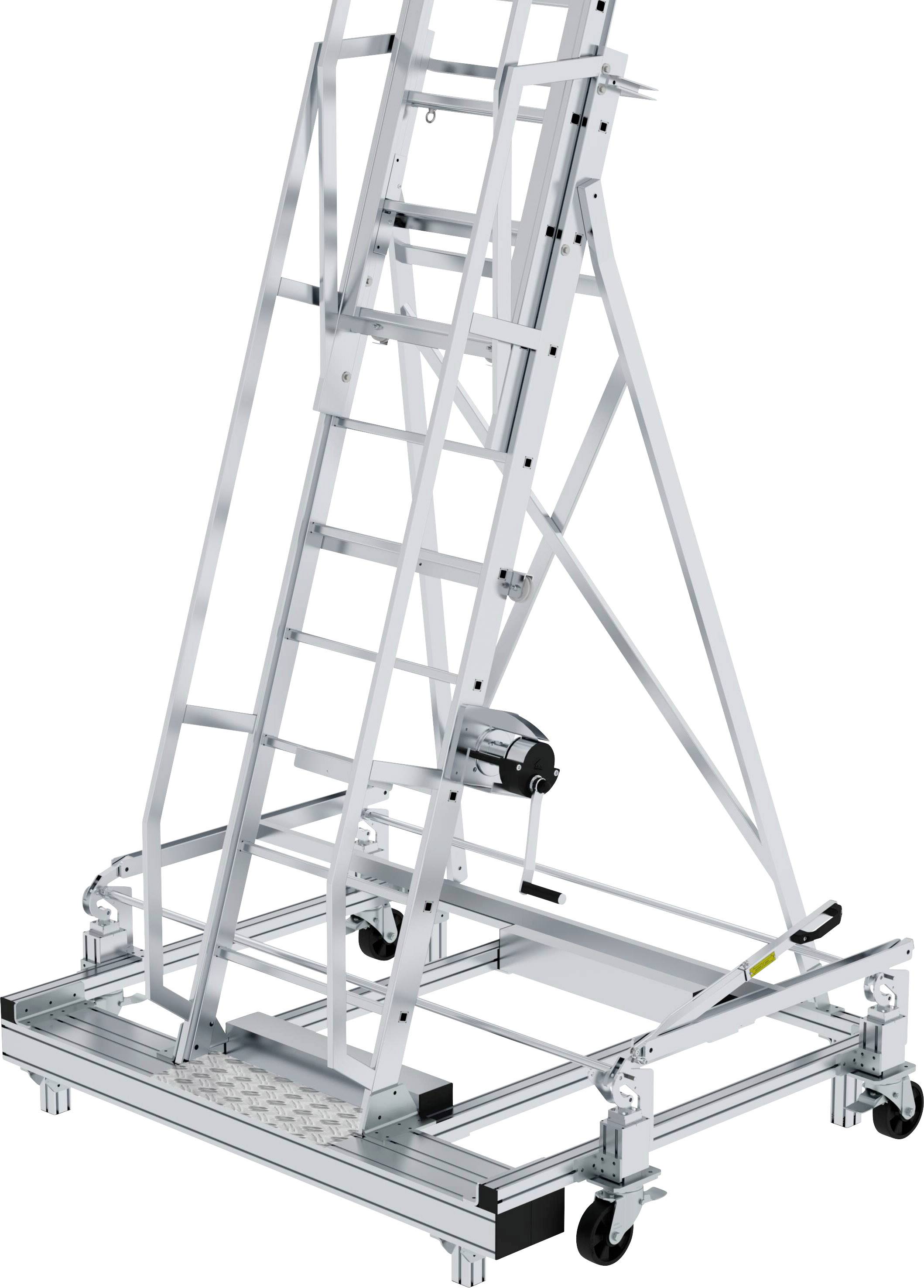 Eine mobile Aluleiter auf einem rollbaren Gestell mit festen Rollen. Die Plattform bietet Stabilität und Flexibilität für Zugang in Höhen.