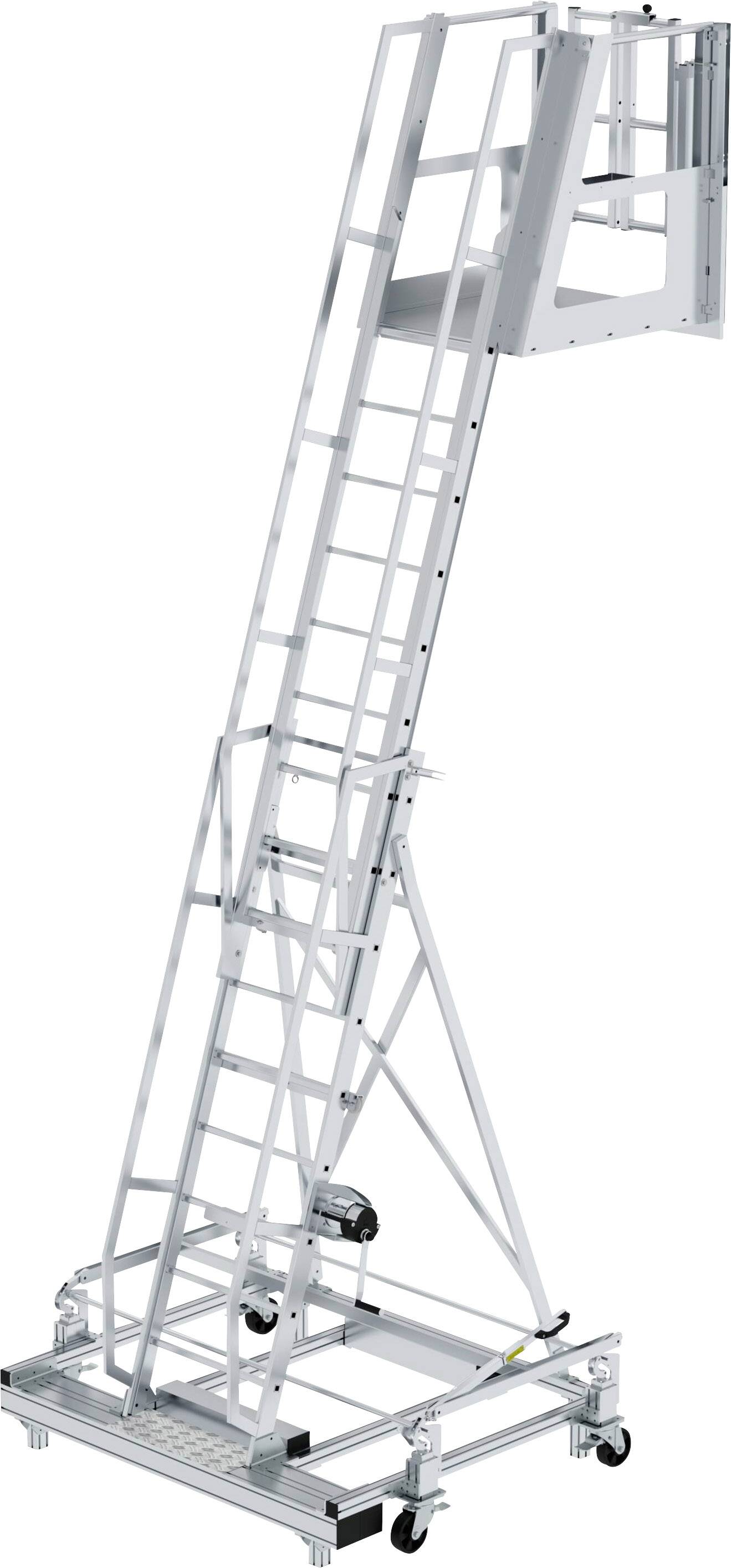 Eine mobile Aluleiter mit Plattform, abgestützt auf einem Rollgestell. Sie dient wahrscheinlich zum Arbeiten in erhöhter Position.