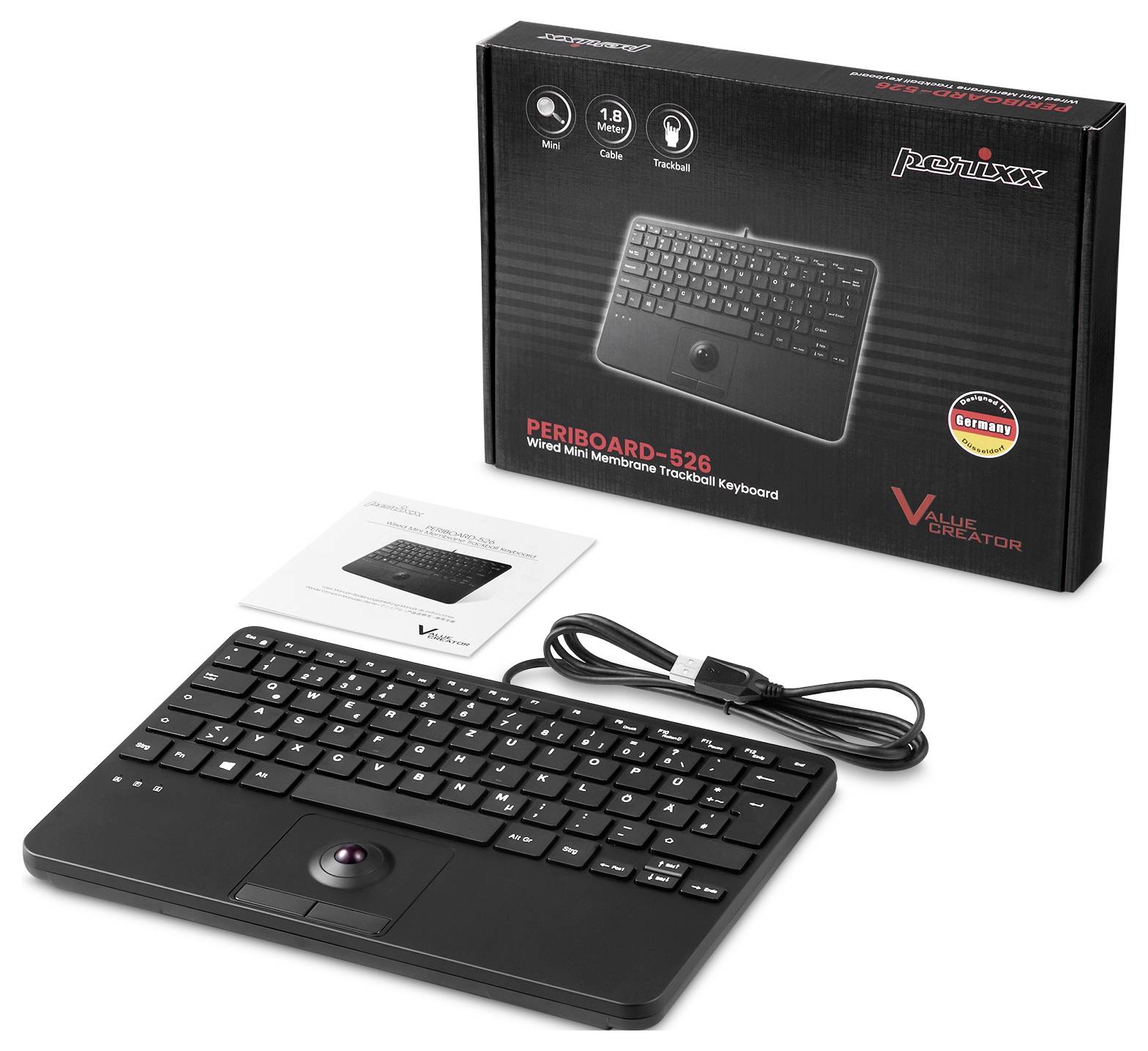 Perixx PERIBOARD-526 H DE USB Tastatur Deutsch, QWERTZ Schwarz USB-Hub, mit Trackball