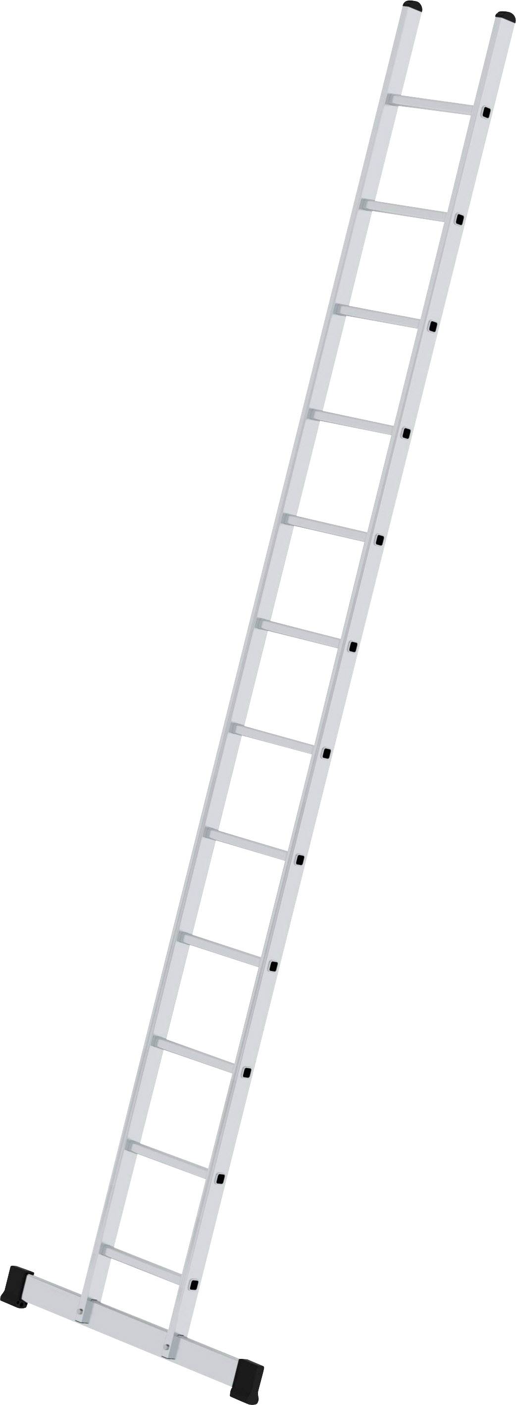 Aluminium-Anlegeleiter mit zwölf Sprossen, steht in einem leichten Winkel, geeignet für Arbeiten in der Höhe.