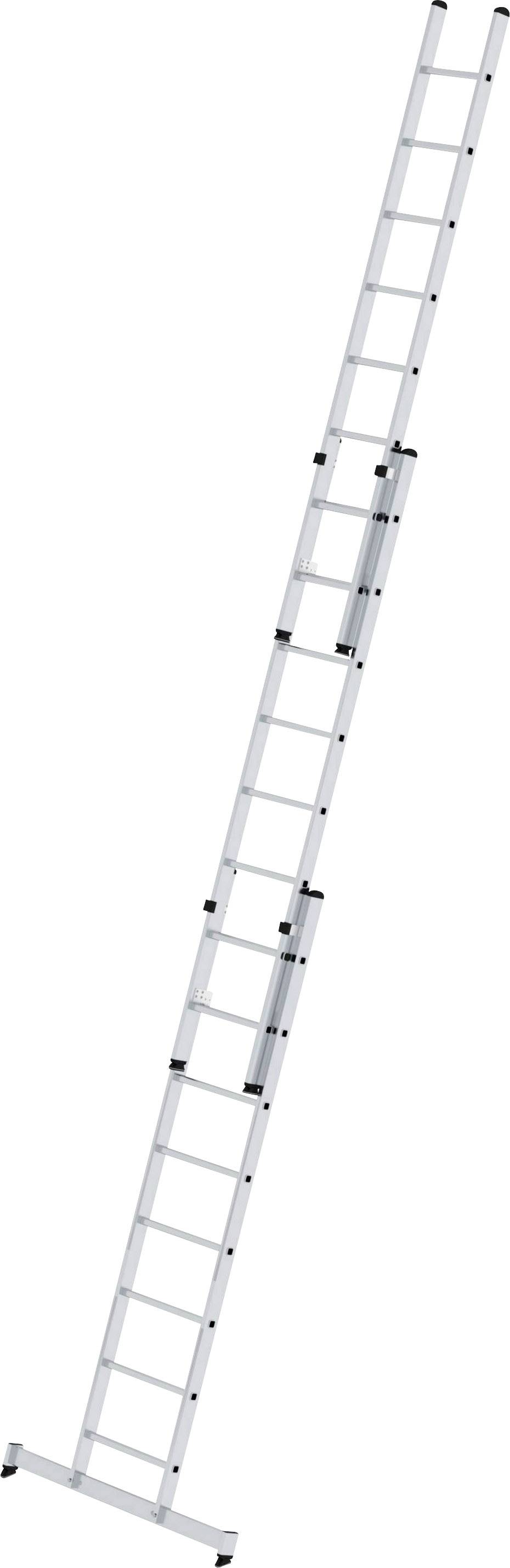 Eine lange, silberne Teleskopleiter vollständig ausgefahren, geeignet für Arbeiten in großer Höhe.