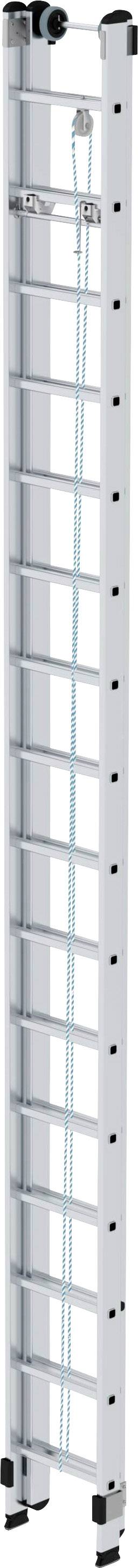 Eine silberne Teleskopleiter mit Stufen und blauen Sicherheitsseilen. Sie ist zusammengefaltet und zeigt mehrere Abstandhalter.