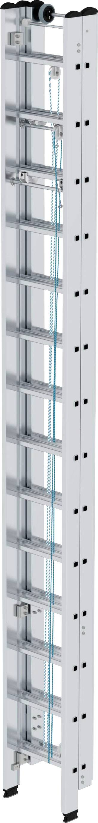 Eine lange, silberne Leiter mit mehreren Sprossen. Sie ist geneigt und kann vielseitig verwendet werden, z.B. für Bau- oder Haushaltsarbeiten.