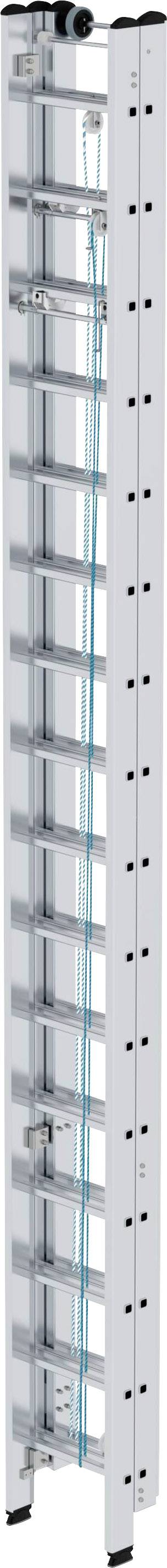 Doppelte Aluminiumleiter mit blauer Sicherung, mehrere Sprossen, für vielfältige Bau- und Reparaturarbeiten geeignet.