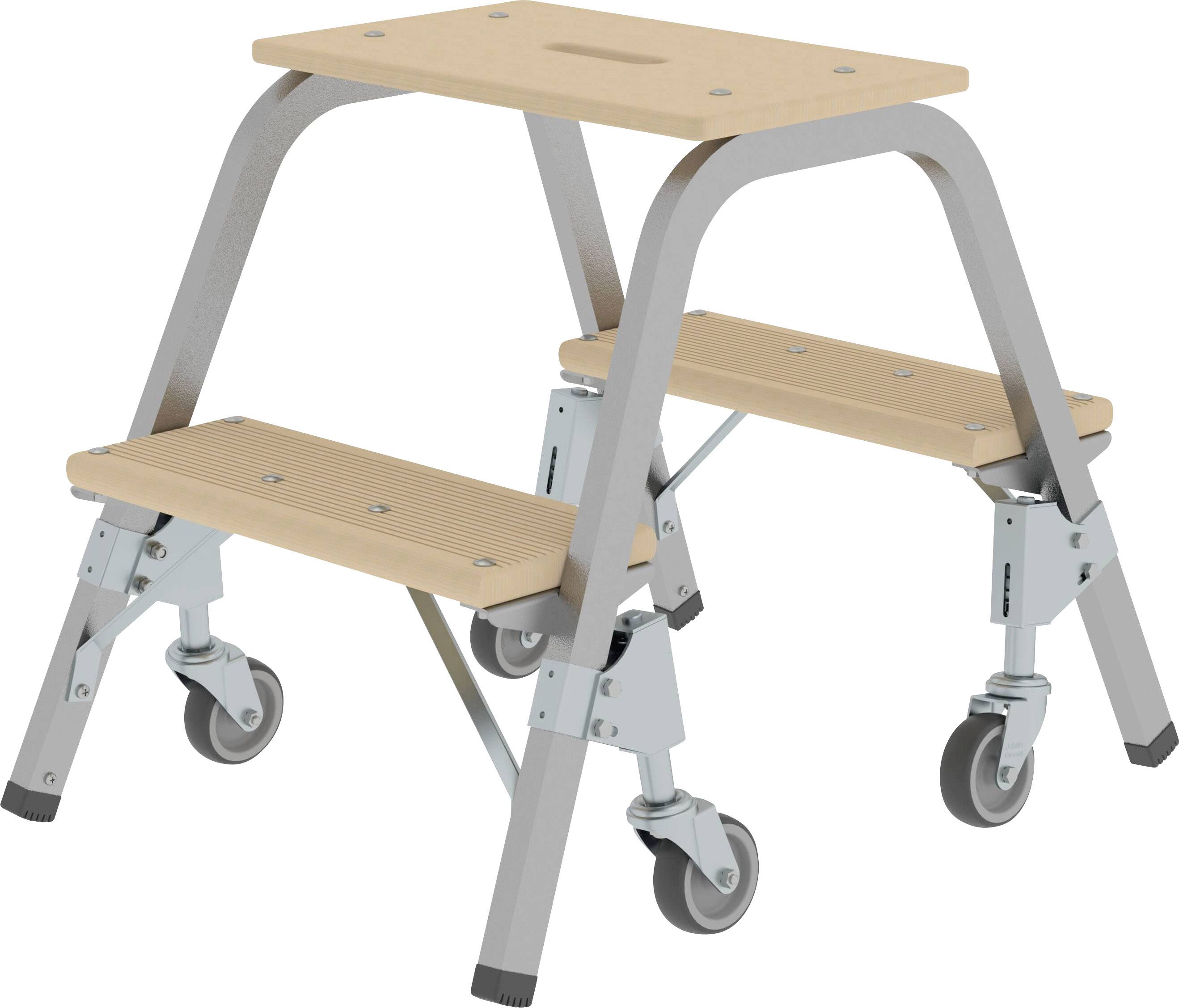 Holztrittleiter mit grauen Metallstützen und vier Rollen. Ober- und Unterstufen sind aus hellem Holz gefertigt. Ideal für Heimwerker.