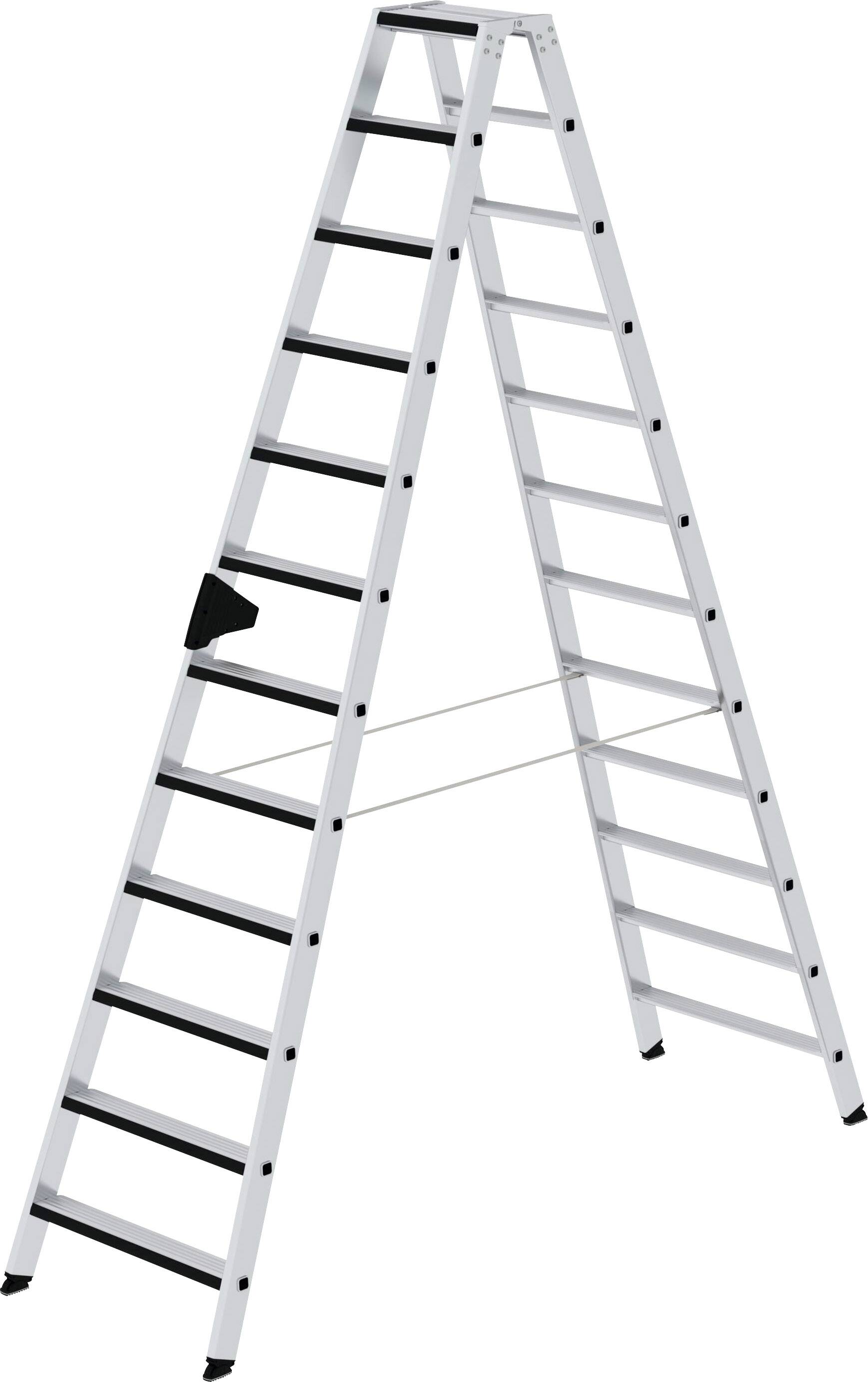 Silberne Aluminiumleiter mit 10 Stufen auf jeder Seite, geöffnet in A-Form. Sie hat schwarze Antirutschbeläge auf den Stufen.