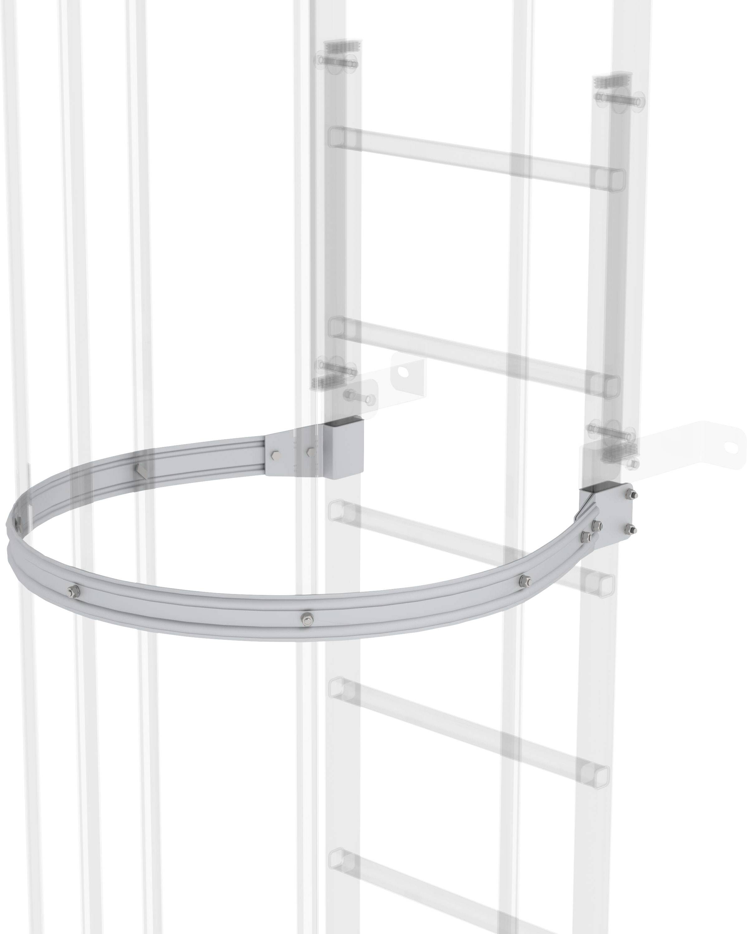 Ein runder Sicherheitsbügel, der an einer vertikalen Leiter befestigt ist, bietet zusätzlichen Halt und Schutz beim Aufstieg.