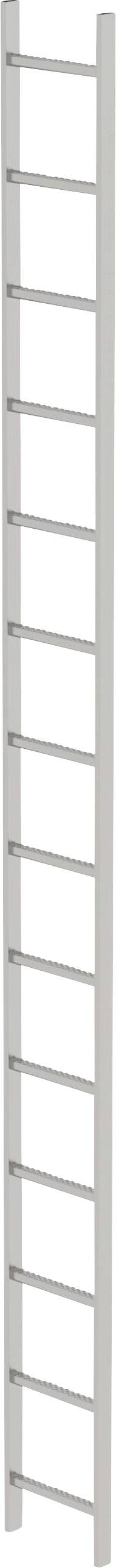 Eine lange, schmale Leiter mit Metallstufen, typischerweise für Regale oder Lagerhaltung verwendet.